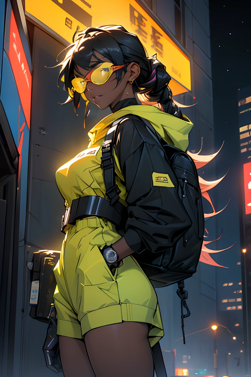 solo, deep ebony 1girl, black girl, beautiful face, {{ braided hair }}, black lips, a female character is wearing a yellow and black colored outfit with a backpack and a yellow hoodie jacket, black, yellow and white sports leisure, yellow futuristic smart goggles, clear lens, green eyes, long hair, diamond earrings, cybernetically enhanced, medium breasts, she is standing in front of spaceships and satellites, starry night sky, pigeoncore, neo-dadaist, Asuka Langley, neon genesis EVA suit, mechanized precision, space crew member, she holds an important position, in crowd spectator at a tech conference in the style of mecha sci-fi anime, 8k, best quality, highres