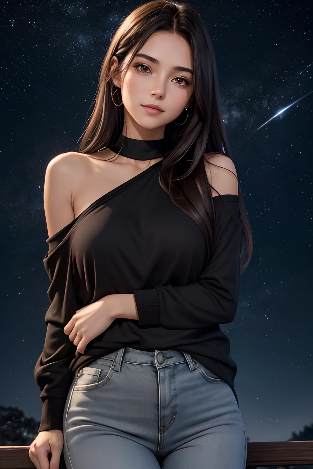 Gorgeous young adult female; dark brown , shoulder length hair flowing freely across her face; feeling low, cold and vulnerable; glistening tears in deep, amber eyes; but with a glimmer of hope; looking amorously at viewer; being cuddled by viewer; nuzzling viewer; melting heart; shining eyes; flowing tears; loves viewer very deeply; shy smile, blushing hard; toned slender physique; wearing a cute black neck collar, a maroon t-shirt and comfy grey-black jeans ;starry night sky with Milky way background; mesmerizing experience; ethereal ambiance; confessing love, holding viewer's hand; romantic love; trusting and endearing look; leaning in towards viewer for a kiss