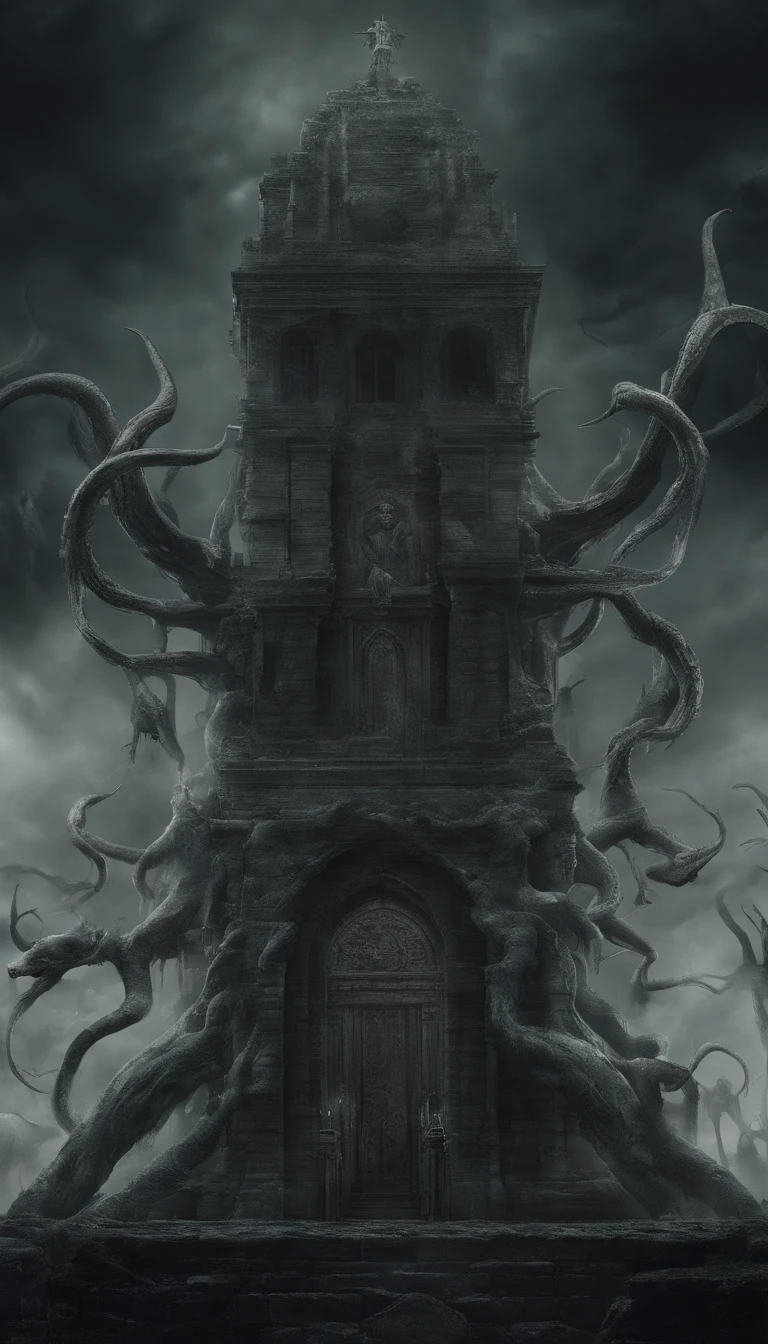 (best quality,4k,8k,highres,masterpiece:1.2),ultra-detailed,(realistic,photorealistic,photo-realistic:1.37),horror,mythology,H.P. Lovecraft,retro-style,ominous colors,dark atmosphere,detailed sculptures,ancient ruins,surreal,eldritch creatures,intense lighting,deep sea,dreadful,cosmic horror,cultists worshipping,distorted reality,ominous glows,lost city,lovecraftian evil,monstrous deities,grotesque statues,pulsating tentacles,eldritch abominations,ancient civilization,worshipping rituals,suspenseful vibe,ominous shadows,otherworldly dimensions,forbidden knowledge,impenetrable darkness,macabre art,arcane symbols,horrible nightmares,lurking horrors,worshippers in trance,state of madness,nightmarish visions
