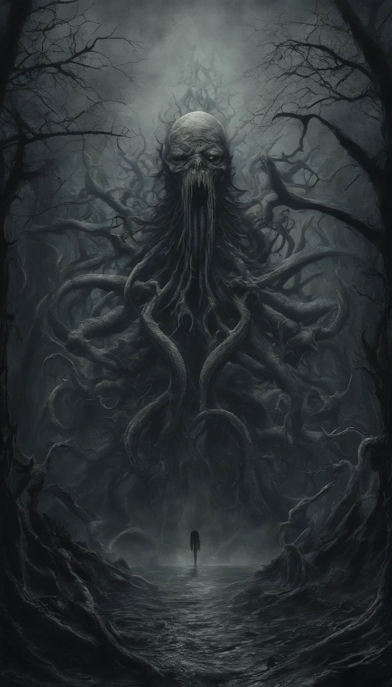 (best quality,4k,8k,highres,masterpiece:1.2),ultra-detailed,(realistic,photorealistic,photo-realistic:1.37),horror,mythology,H.P. Lovecraft,retro-style,ominous colors,dark atmosphere,detailed sculptures,ancient ruins,surreal,eldritch creatures,intense lighting,deep sea,dreadful,cosmic horror,cultists worshipping,distorted reality,ominous glows,lost city,lovecraftian evil,monstrous deities,grotesque statues,pulsating tentacles,eldritch abominations,ancient civilization,worshipping rituals,suspenseful vibe,ominous shadows,otherworldly dimensions,forbidden knowledge,impenetrable darkness,macabre art,arcane symbols,horrible nightmares,lurking horrors,worshippers in trance,state of madness,nightmarish visions