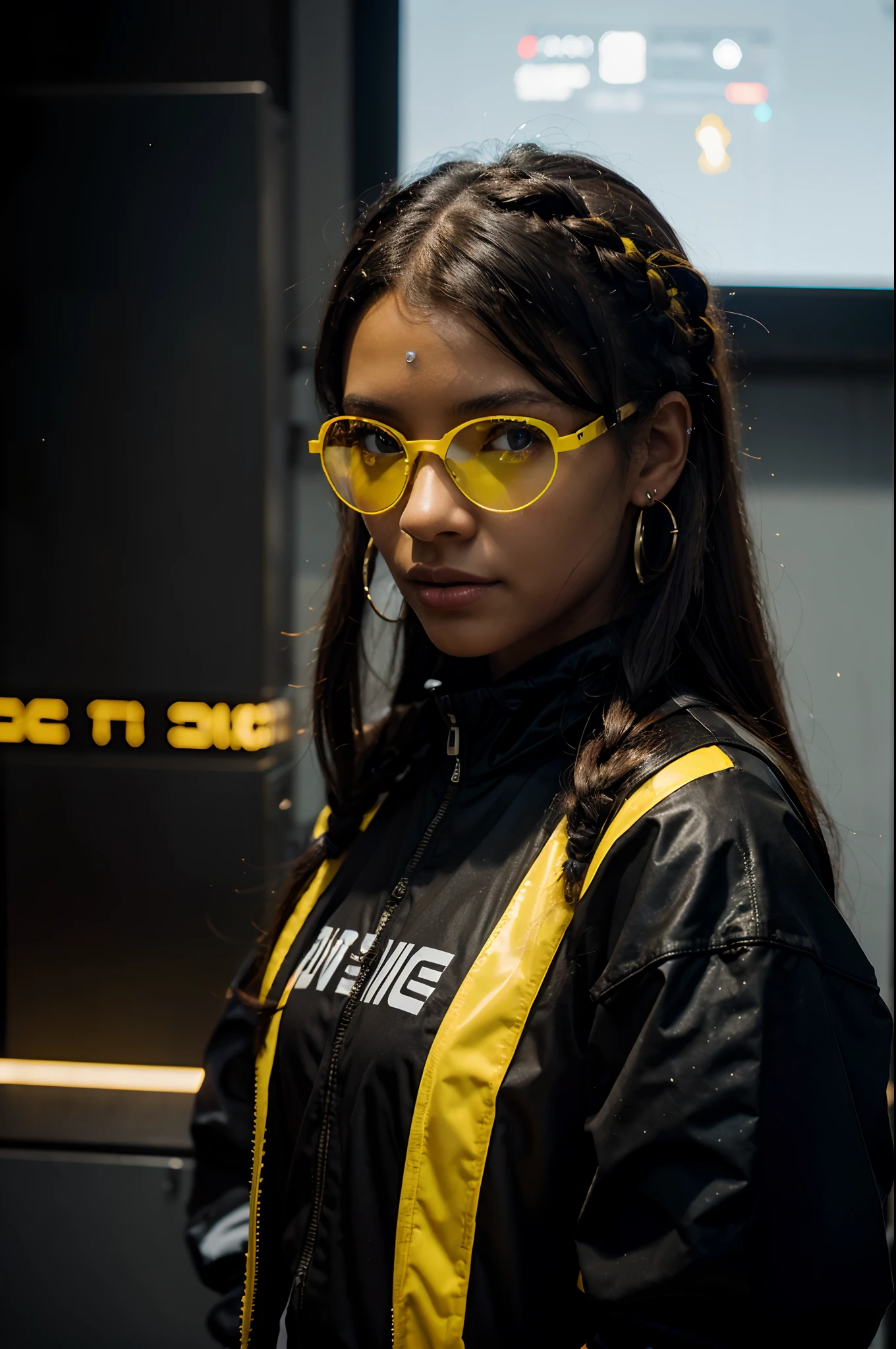solo, deep ebony 1girl, black girl, beautiful face, {{ braided hair }}, black lips, a female character is wearing a yellow and black colored outfit with a backpack and a yellow hoodie jacket, black, yellow and white sports leisure, yellow futuristic smart goggles, clear lens, green eyes, long hair, diamond earrings, cybernetically enhanced, medium breasts, she is standing in front of spaceships and satellites, starry night sky, pigeoncore, neo-dadaist, Asuka Langley, neon genesis EVA suit, mechanized precision, space crew member, she holds an important position, in crowd spectator at a tech conference in the style of mecha sci-fi anime, 8k, best quality, highres, Unreal Engine:1.4,Ultra-realistic 64K CG, Photorealista:1.4, Skin Texture:1.4