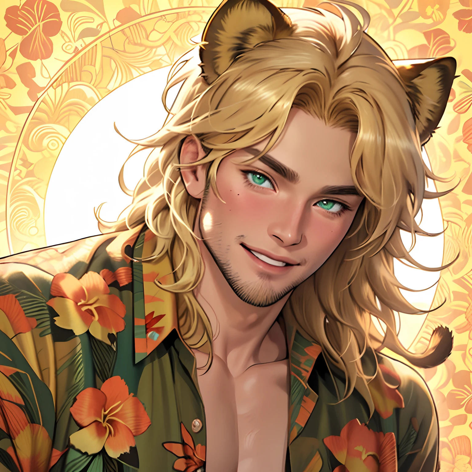Hawaiian shirt, One male, lion ears, long hair, blond, blond hair, green eyes, tall, muscular, beautiful face, highest quality, masterpiece, 3d, anime, perfect face, highest detail, feline eyes, stubble, lion tail, wavy hair, cowboy shot, detailed face, intricate details, sunny background, smile, solo, soft blush