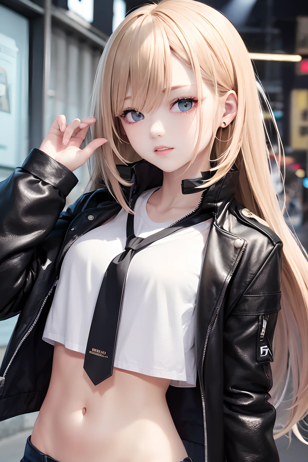 optimum，tmasterpiece，hight resolution，best qualtiy，hyper HD，super detailing，awardwinning，16 K，独奏，（（The upper part of the body）），（（Bust）），anatomy correct，Beautiful cyberpunk girl，cute face，，Gradient Beige Hair，Hairline，（（Dark golden eyes）），long eyelasher，Hanging eye corners，White skin of the，（small tit），（Slim body），（（Women's Super Short Shawl Leather Jacket）），（（Pilot uniform）），（（）），Ear studs，（Lanyard），（Laser material clothing：1.2）