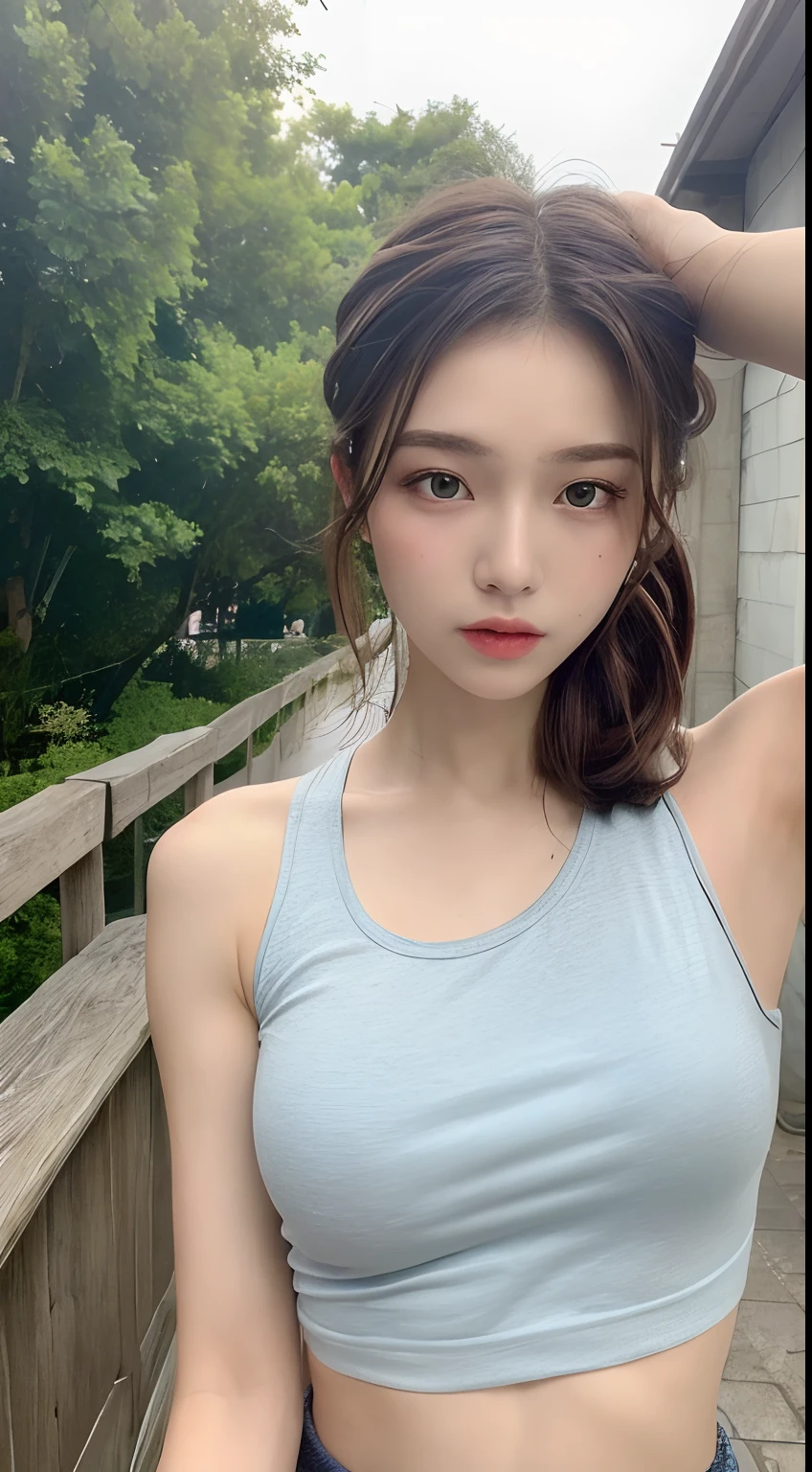 ((Best quality, 8k, Masterpiece :1.3)), 1girl, Pretty woman with emphasizing slender abs :1.3, (random hairstyles :1.2), Oversized tank top :1.2, Ultra-detailed face, Detailed eyes, Double eyelid, armpit