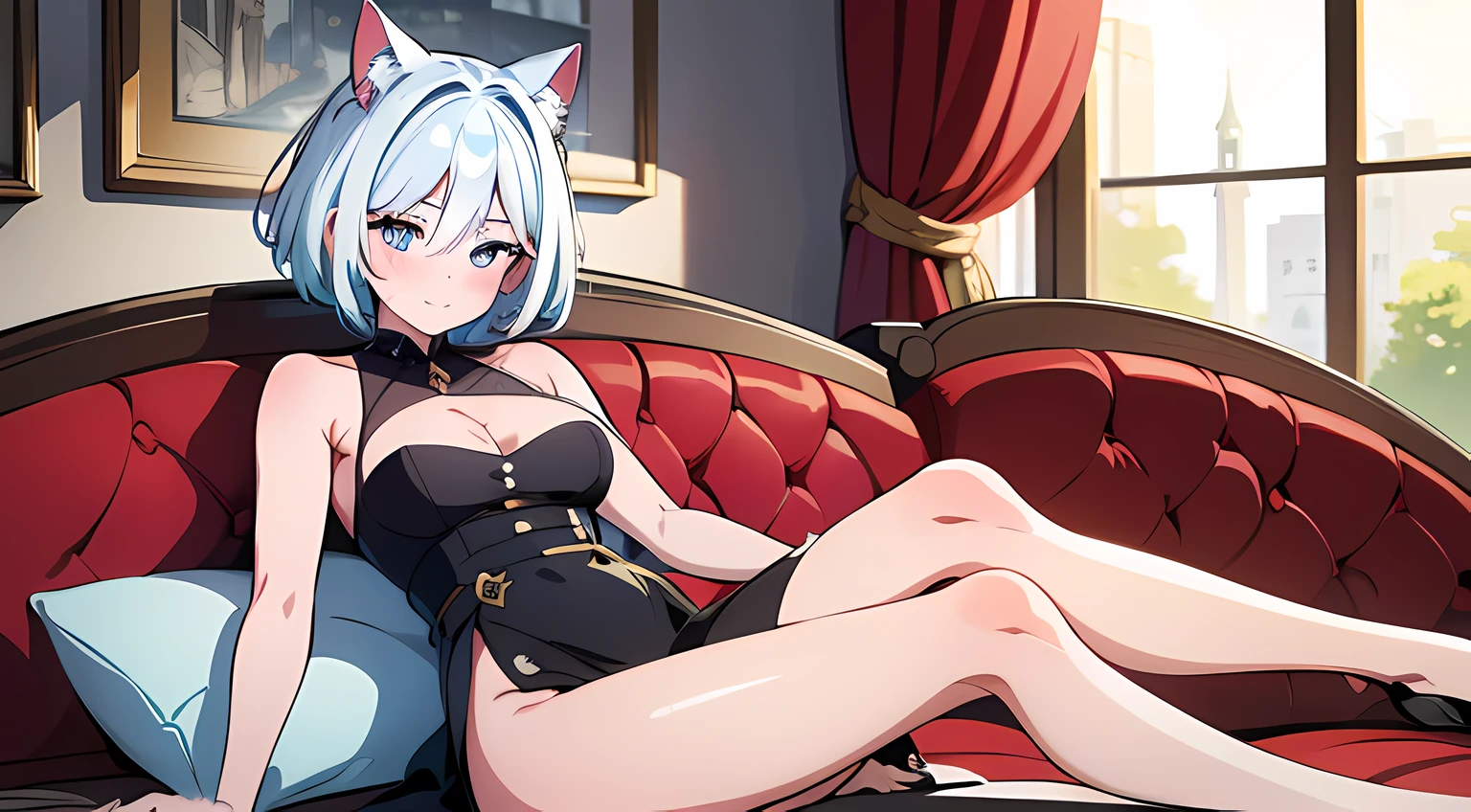 1 girl (cat eared, without human ears), beautiful eyes finely detailed, (two tone hair color (blue and white), short hair), tipsy smile, drunk, blush on her face, black dress, laying her back on sofa, middle ages style bedroom, full body, anime best girl, masterpiece sidelighting, ​masterpiece, top-quality, detailed, High resolution illustration