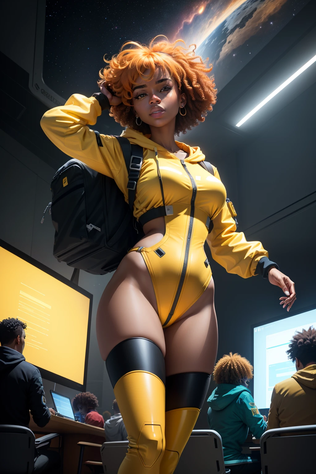 RAW, Masterpiece, Super Fine Photo, Ultra High Resolution, Photorealistic, Sunlight, Full Body Portrait, Stunningly Beautiful, Dynamic Poses, Delicate Face, Vibrant Eyes, solo, deep ebony 1girl, black girl, beautiful face, {{ braided hair / curly afro hair}}, black lips, a female character is wearing a yellow and black colored outfit with a backpack and a yellow hoodie jacket, black, yellow and white sports leisure, yellow futuristic smart goggles, clear lens, green eyes, long hair, diamond earrings, cybernetically enhanced, medium breasts, she is standing in front of spaceships and satellites, starry night sky, pigeoncore, neo-dadaist, Asuka Langley, neon genesis EVA suit, mechanized precision, space crew member, she holds an important position, in crowd spectator at a tech conference in the style of mecha sci-fi anime, 8k, best quality, highres, Unreal Engine:1.4,Ultra-realistic 64K CG, Photorealista:1.4, Skin Texture:1.4, Volumetric fog, 8k uhd, dslr, high quality, film grain, fair skin, photorealism, lomography, sprawling metropolis in a futuristic dystopia, view from below, translucent