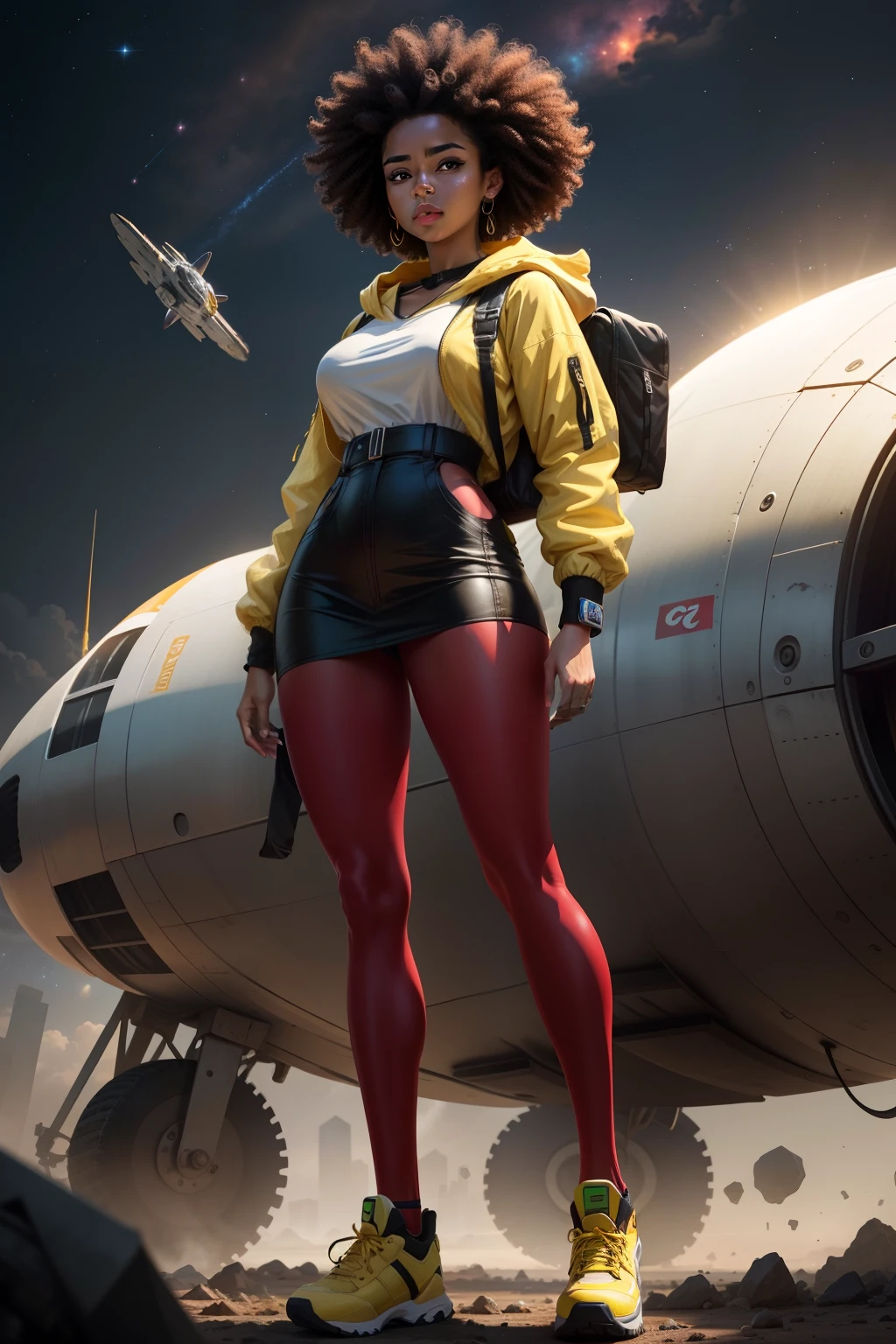 RAW, Masterpiece, Super Fine Photo, Ultra High Resolution, Photorealistic, Sunlight, Full Body Portrait, Stunningly Beautiful, Dynamic Poses, Delicate Face, Vibrant Eyes, solo, deep ebony 1girl, black girl, beautiful face, {{ braided hair / curly afro hair}}, black lips, a female character is wearing a yellow and black colored outfit with a backpack and a yellow hoodie jacket, black, yellow and white sports leisure, yellow futuristic smart goggles, clear lens, green eyes, long hair, diamond earrings, cybernetically enhanced, medium breasts, she is standing in front of spaceships and satellites, starry night sky, pigeoncore, neo-dadaist, Asuka Langley, neon genesis EVA suit, mechanized precision, space crew member, she holds an important position, in crowd spectator at a tech conference in the style of mecha sci-fi anime, 8k, best quality, highres, Unreal Engine:1.4,Ultra-realistic 64K CG, Photorealista:1.4, Skin Texture:1.4, Volumetric fog, 8k uhd, dslr, high quality, film grain, fair skin, photorealism, lomography, sprawling metropolis in a futuristic dystopia, view from below, translucent