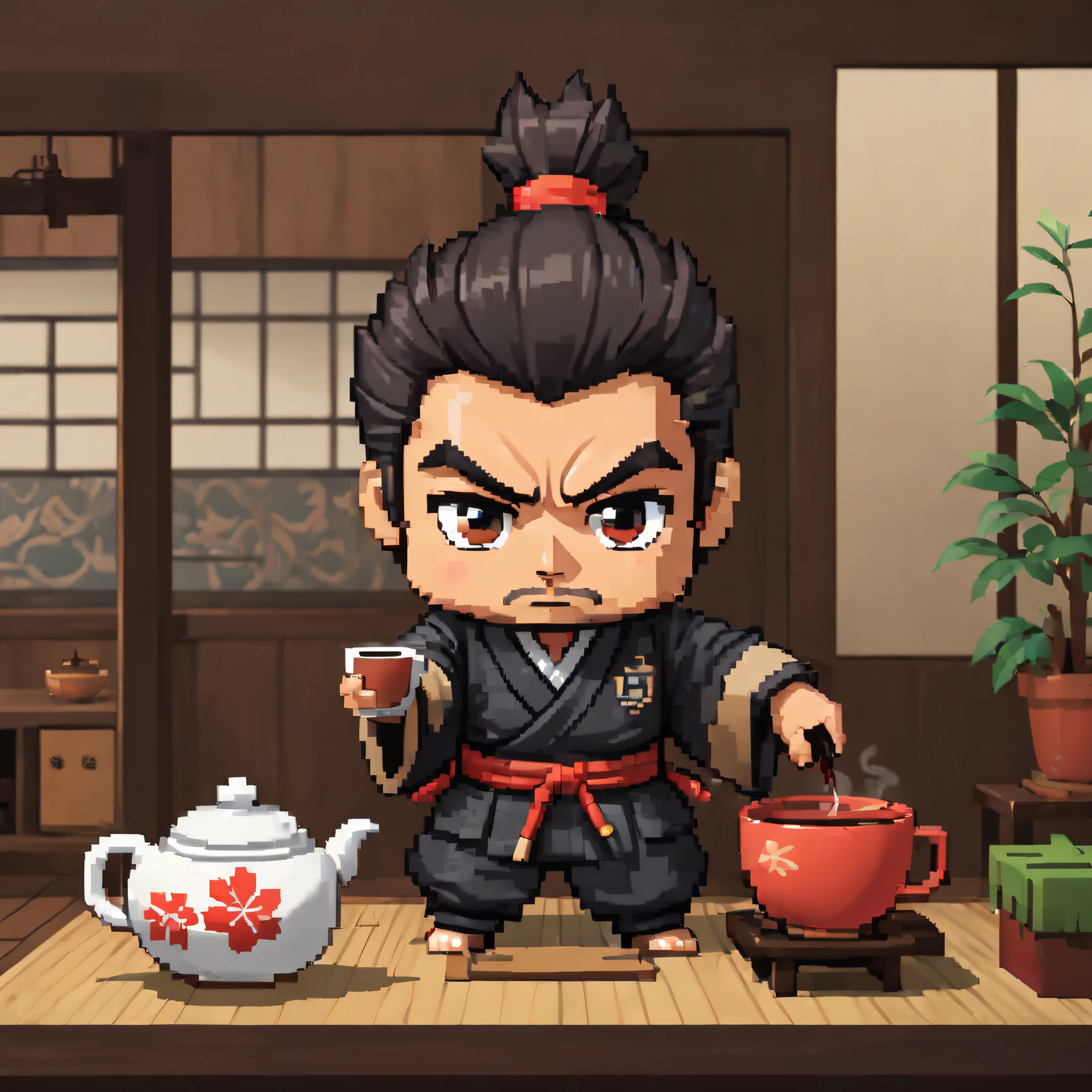 (Pixel art:1.5), (pixel theme:1.5), (chibi emote:1.5), (chibi character:1.5),(fantasy:1.5), (1japanse samurai:1.5), (Toshiro Mifune:1.5), (hot tea:1.5), (tea ceremony:1.5), (tearoom:1.5),