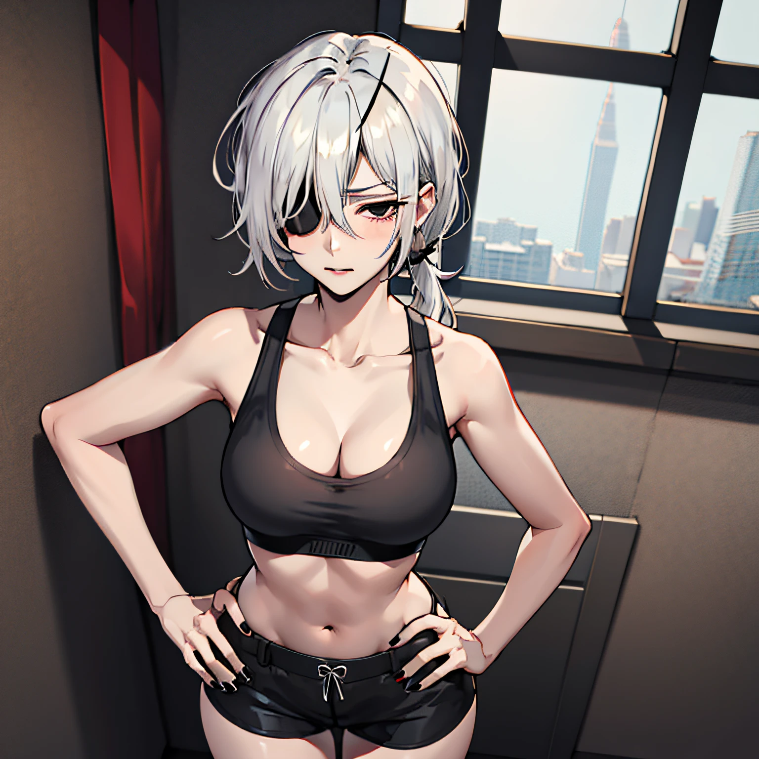 (absurdres, 8k, 4k, masterpiece, hyper extreme detailed:1.2), solo, 1girl, front view portrait, best quality, expressive eyes, perfect face, 1girl, portrait, solo, Female, mature female, adult, pale skin, black nails, white skin, black ribbon, red eyes, black eyepatch, annoyed, swept bangs, side bangs, messy hair, medium hair, hair covering forehead, perfect anatomy, anatomically correct, looking forward, forward view, expressive eyes, perfect eyes, quanxi, ponytail, eyepatch, Zero, full body, hand on hip, covered breasts, right hand on head, left hand on hip, solo, leaning back, window background, black sports bra, black shorts, thighs,