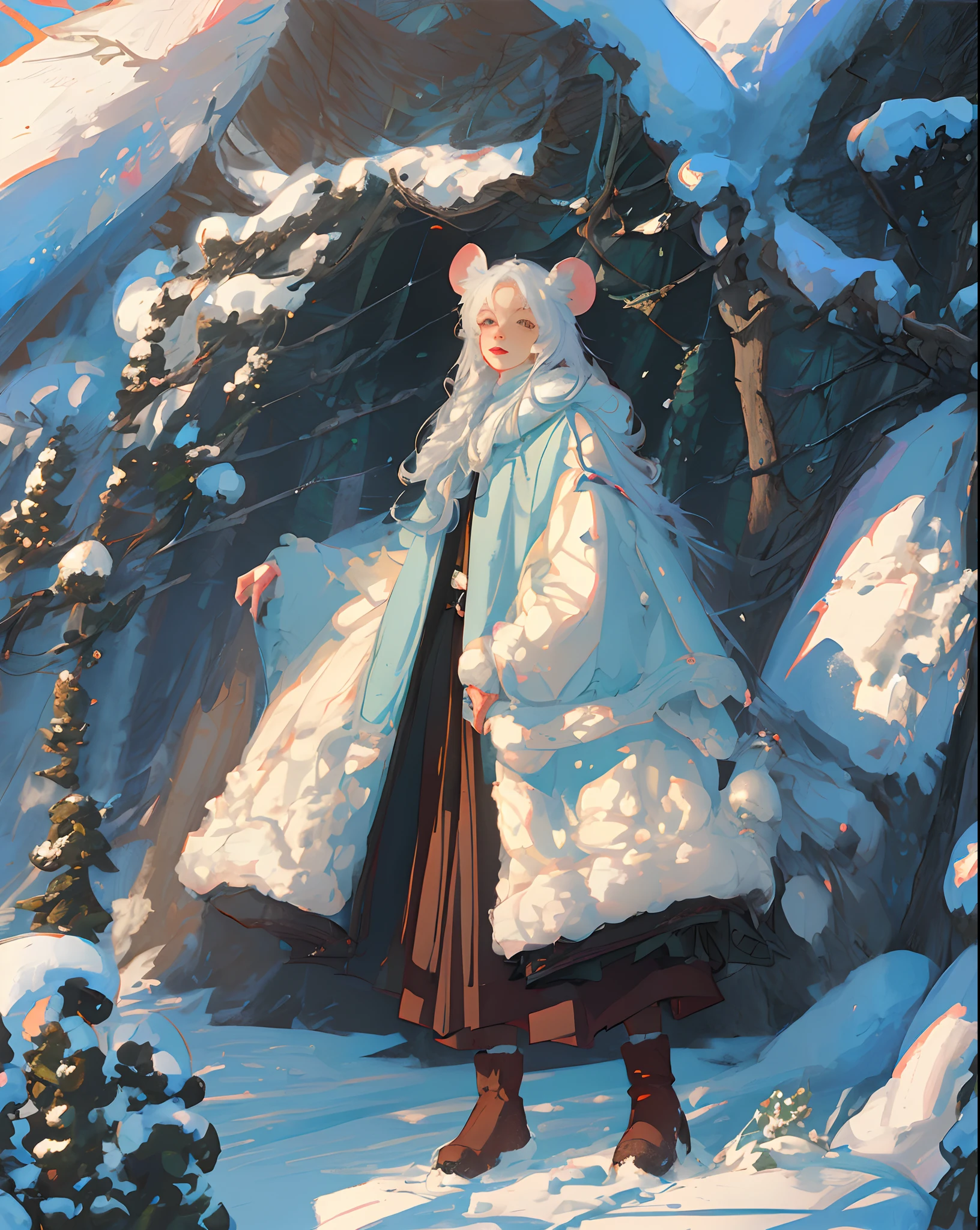 Anime, Mouse ears, mouse tale, woman, mature, Winter, snow, ice, frost, winter cloths, white long hair,  Magic, Druid, mountain, forest,  log cabin, gathering herbs