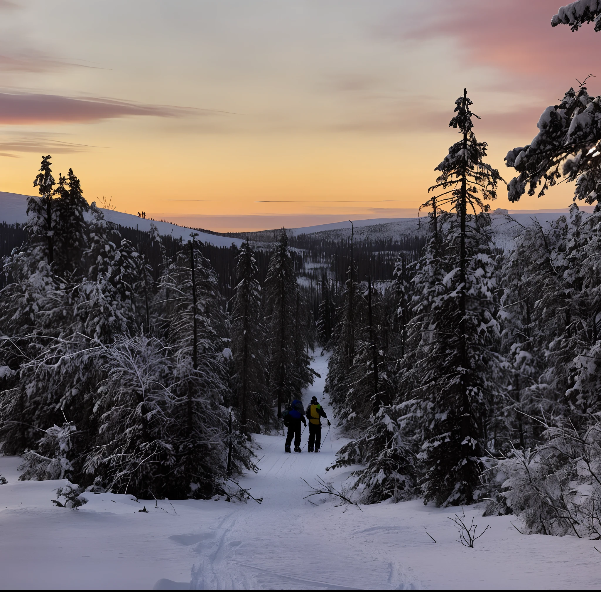 Skiers walk in the snow on the mountain at sunset, Lapland, 🌲🌌, In the Arctic forest, author:Jaco Matilla, author:Anna Heifesch, author:Anton Lemden, Northern Finland, author:Veikko Törmänen, author:Magdalene Behrens, author:anato finnstark, snowy canyon at dawn