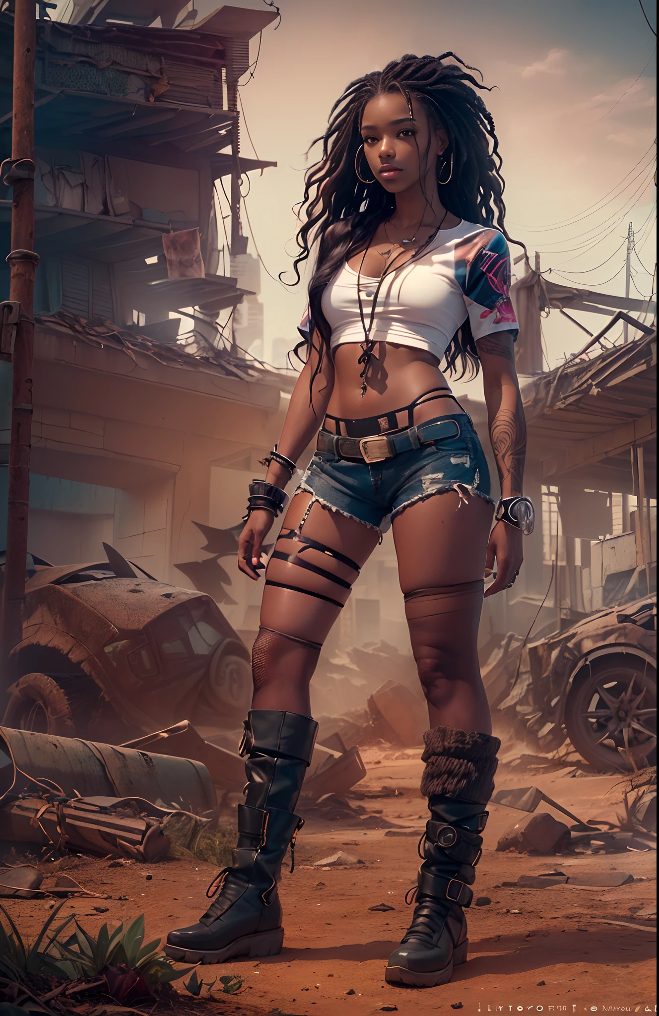 (((Masterpiece, hiquality, absurdress), 1Woman, black hair, curly hair, Afro-curly hair, blue eyes, a perfect face, the perfect body, medium breastes, sports body, short stature, (((very dark skin))), solo, Detailed eyes and face, makeup, ((red-lips:1.3)), earings, ear piercings, black jacket, unbuttoned white shirt, breeches, black boots, Clavicles only, chain necklace, city slum background, by Amano Akira, ((full body:1.5))