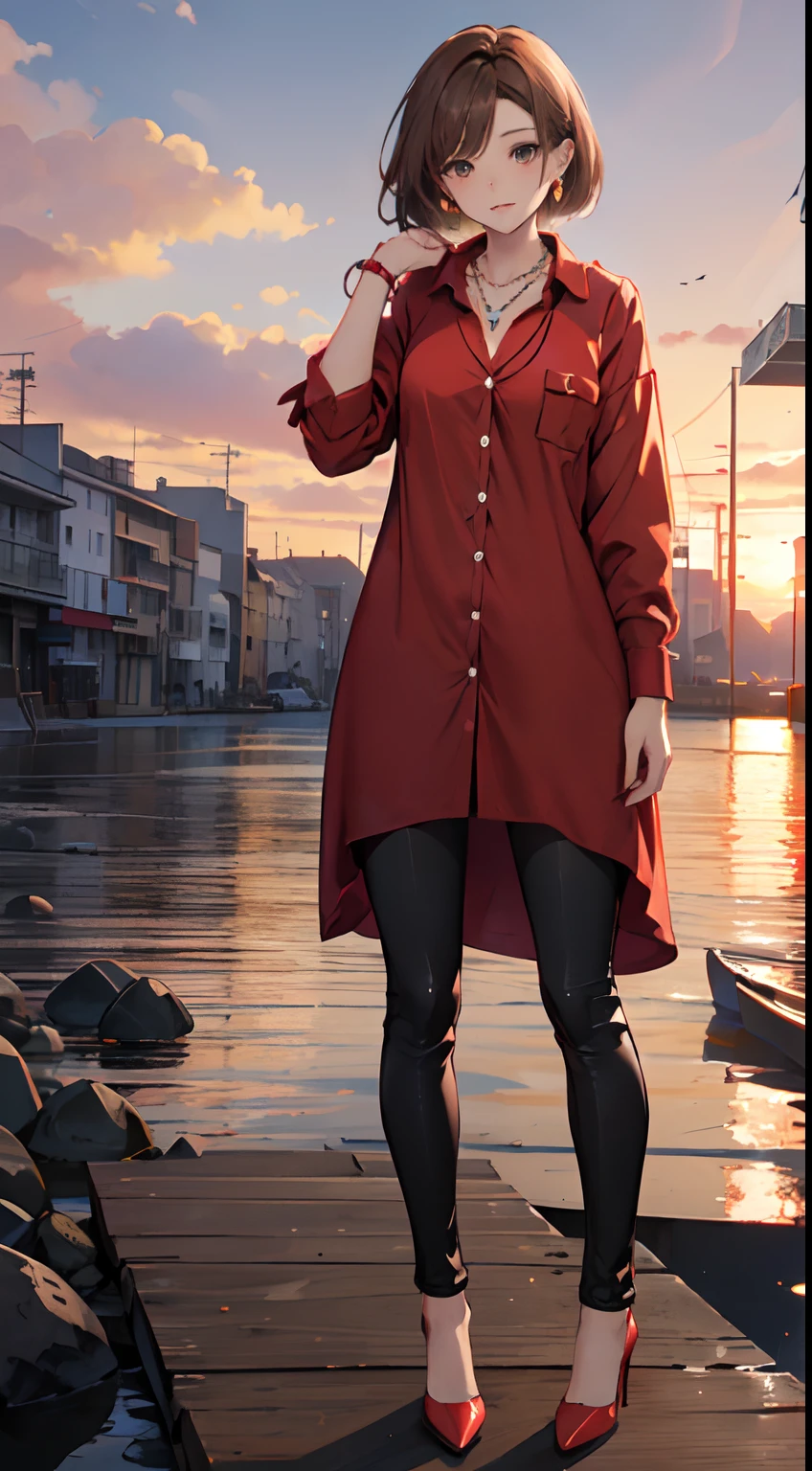 top quality,16K, masterpiece, beautiful high school girl， Light brown beautiful bob hair, Light brown beautiful eyes, looking at viewer, Light brown medium bob hair, plump breast, standing open legs, sunset seashore, orange sky, beautiful clouds,

BREAK (red theme:1.4), (tucked out and button-up oversized red collared-shirt dress with red shirt-hem:1.5), (long sleeves:1.2), ((collarbone, wrist):1.3),
BREAK (black theme:1.2), (black tight long-pants:1.2), (ankle:1.3), (high heels:1.2), ((necklace, earrings):1.2),