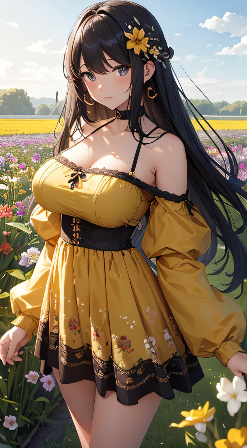 masterpiece、Background with((kosmos、meteors、black hole、Fantastic flower garden emitting light))、About 20 years old、a beauty girl、huge tit、Great embroidery on a yellow mini dress with slits、No Shoulder、Exposing the chest、knee high、hair adornments、heavy wind、white panty、lying back、Looking from below
