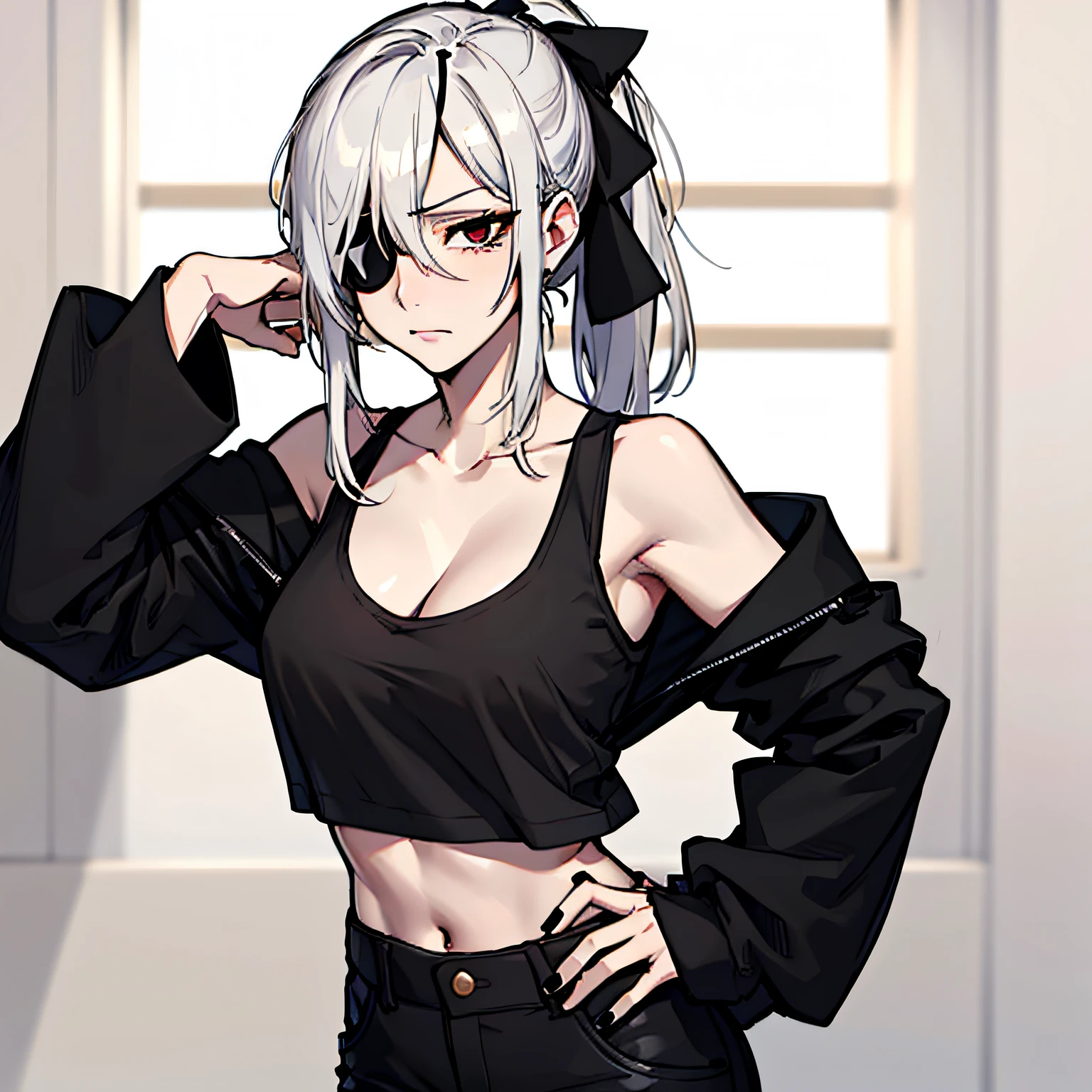 (absurdres, 8k, 4k, masterpiece, hyper extreme detailed:1.2), solo, 1girl, front view portrait, best quality, expressive eyes, perfect face, 1girl, portrait, solo, Female, mature female, adult, pale skin, black nails, white skin, black ribbon, red eyes, black eyepatch, annoyed, armor, swept bangs, side bangs, messy hair, long hair, hair covering forehead, perfect anatomy, anatomically correct, looking forward, forward view, expressive eyes, perfect eyes, quanxi, ponytail, eyepatch, Zero, full body, hand on hip, covered breasts, right hand on head, left hand on hip, solo, leaning back, window background, black tank top, pants, black jacket, armor