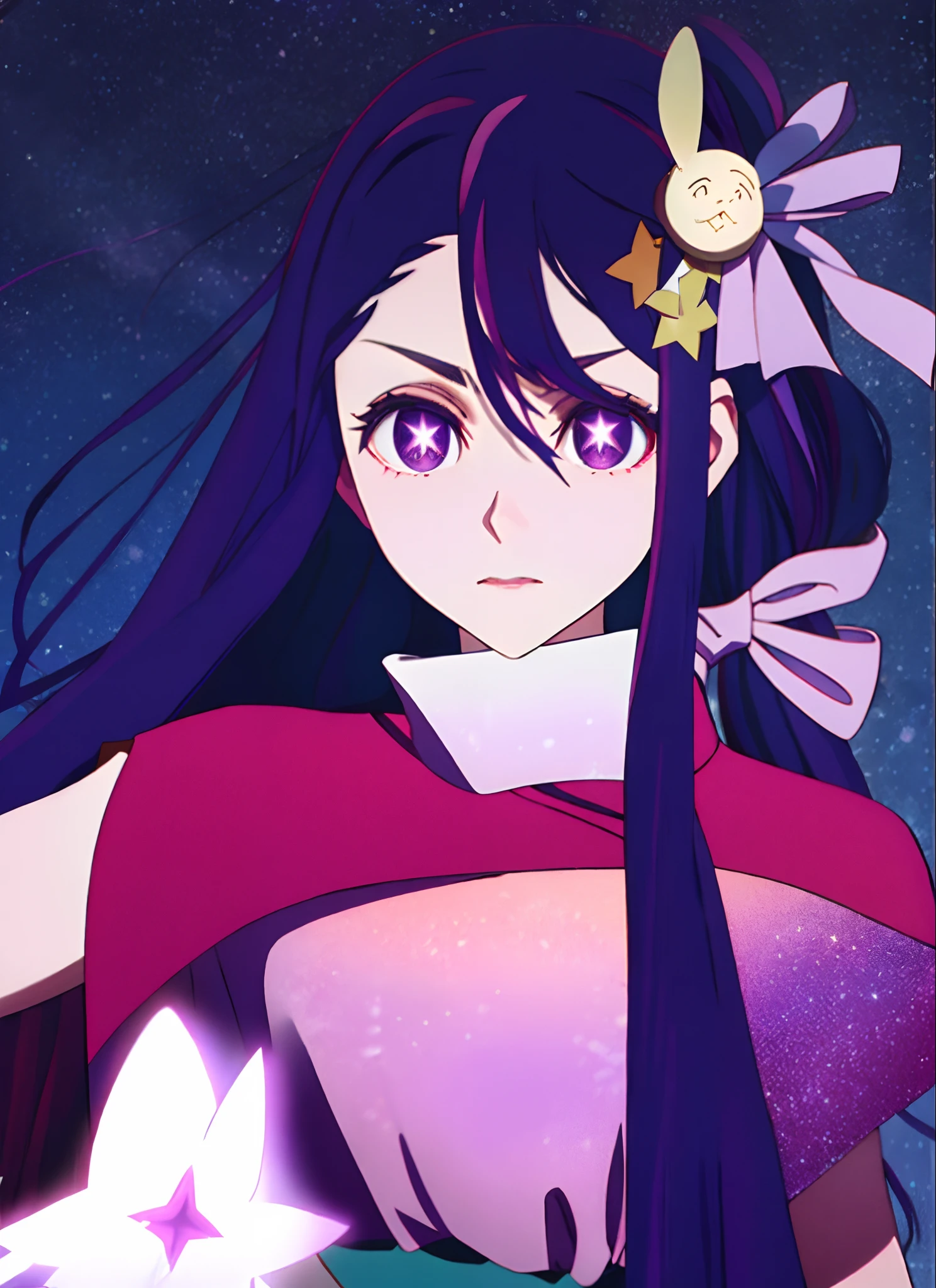 LWA  Ai, long hair, purple hair, streaked hair ,purple eyes, star-shaped pupils, hair ornament,