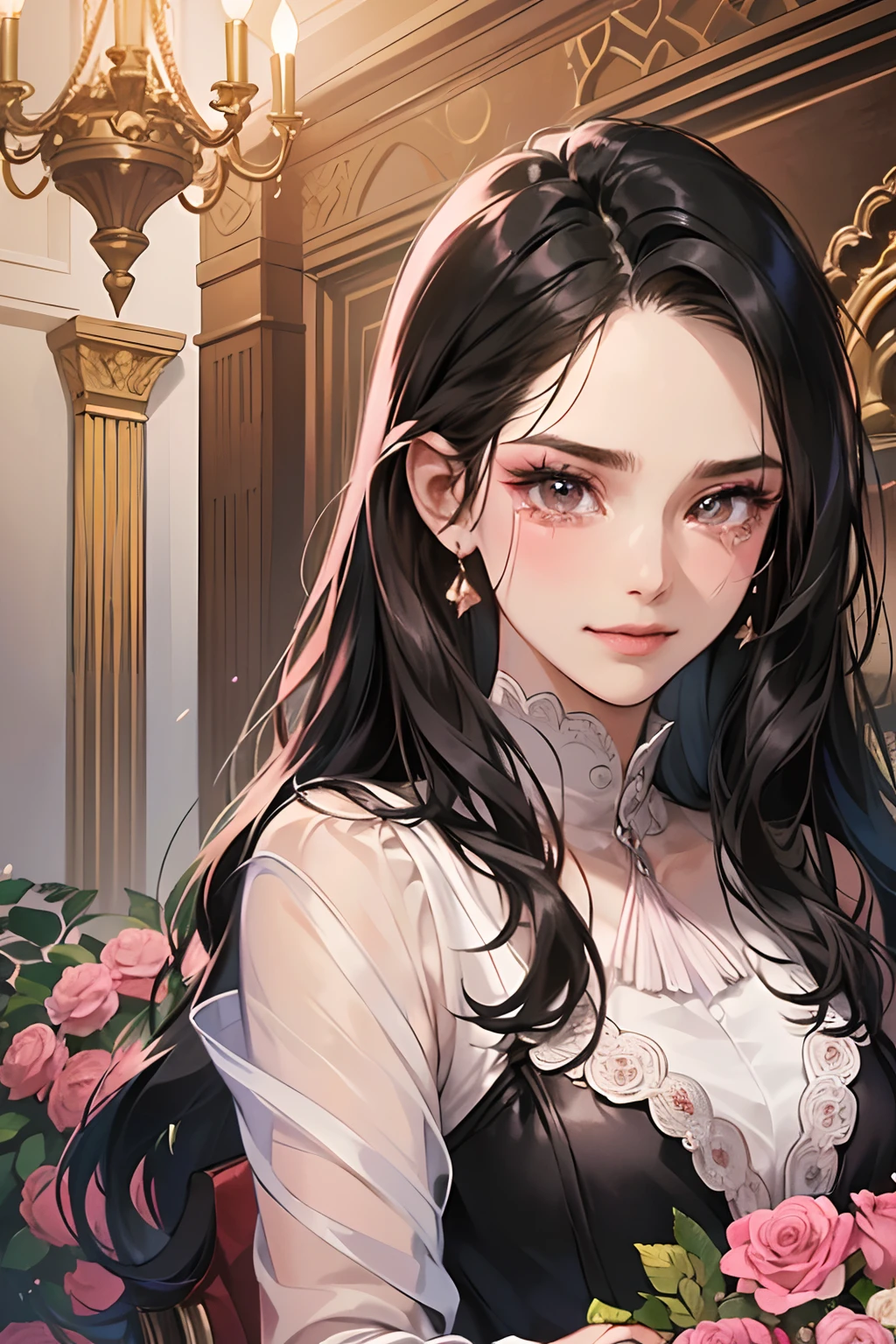 (masutepiece, Digital Art, Digital Illustration, 4K, 8K, Ultra-detailed, beautiful image, Sharp Image, Photorealistic, Raw photo, Perfect face, Perfect lines, Perfect eyes, Soft lighting) 1 woman, (Long Black Hair,straight haired,Bullish gaze,Beautie,ellegance,Mode system,Onepiece,Solid makeup,23 y-o woman,small tits:1.3),Two handsome men in suits, (ember,Men in suits,well-muscled,Firm shoulder width,Adult male,Boyish hairstyle,English gentlemanly style,Man in his 30s with a cool expression,28-year-old man with bright smile:1.2),Antique furnishings,Antique Clamps,Antique chair,chandeliers,Crystal Glass,Luxury,fantastical light,Marble fireplace,(embarrassed from,Shy smile,Bouquet of pink roses:1.2),Antique sofa,Leather sofa,Crying face,Crying in frustration,Beautiful tears