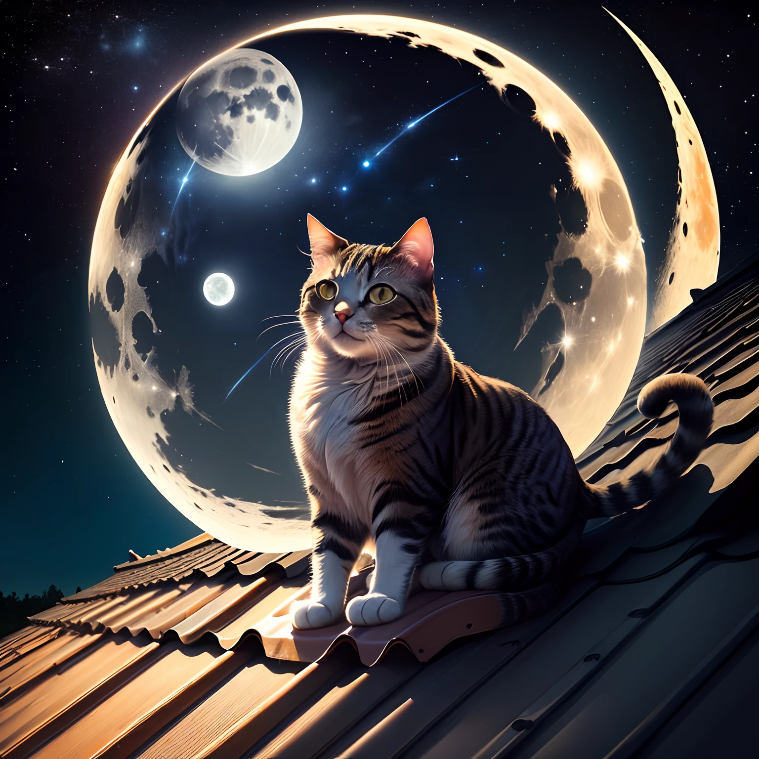 Cat painted on top of the roof at night with the moon in the sky and stars