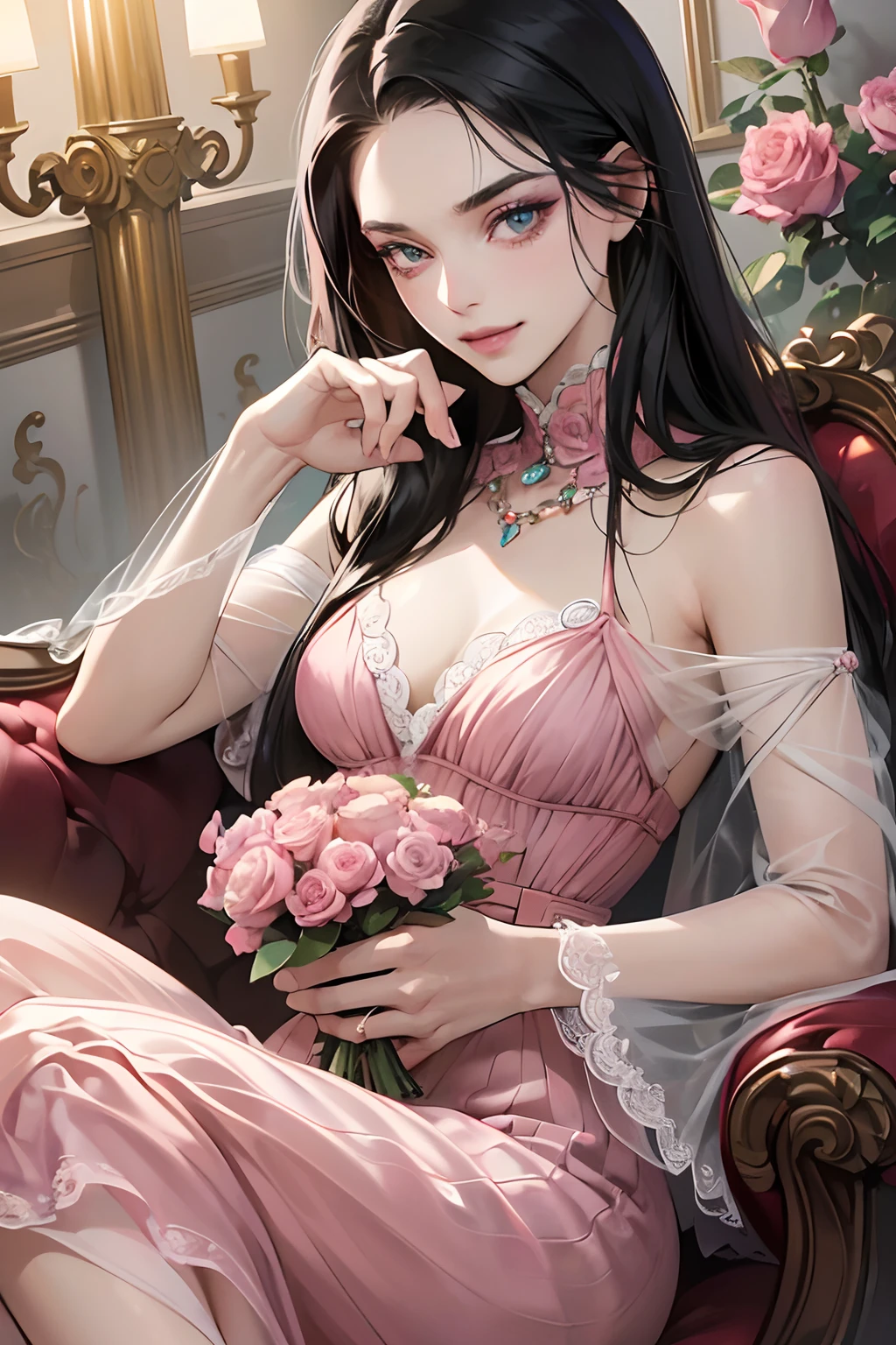 Masterpiece:1.2, Best Quality), Realistic, (real picture, intricate details, Depth of field), (1girl, 独奏), make up, parted lips, higly detailed, a perfect face, (Skindentation), thick-thighs, wide hips, small waist, ah high, glossy coral lips,, (Girl in wedding dress with flowers in her hands )), Sexy, Blushing, Mikasa from AOT