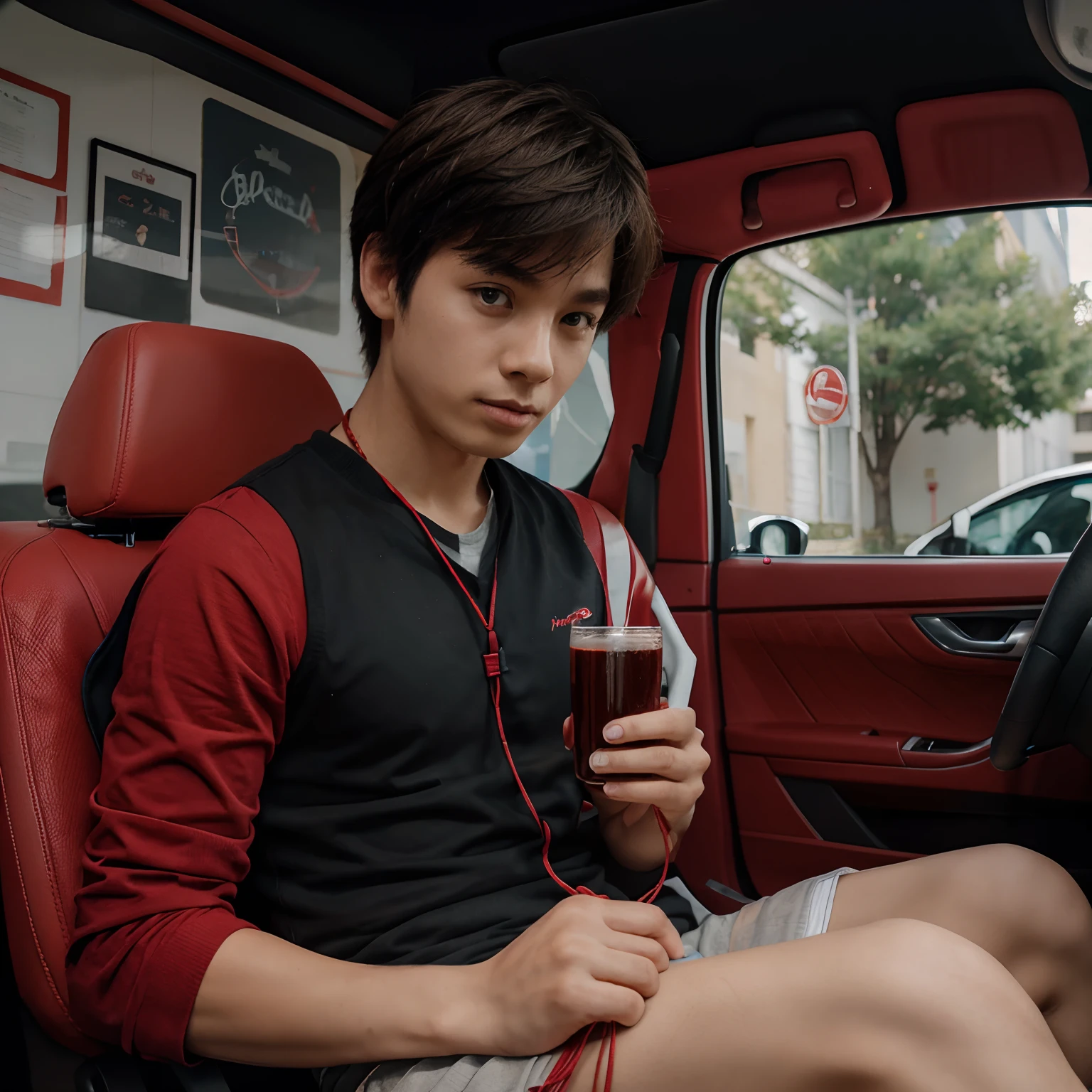 À boy with a car drink red string background school