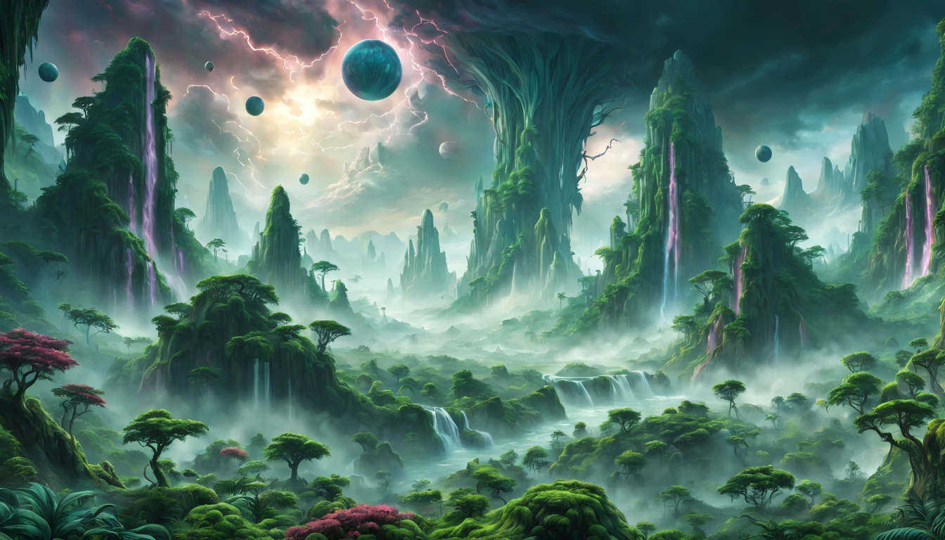 8k, photorealistic, fantasy art, beautiful and verdant forest on an alien planet, beautiful colours, floating spheres, colourful stormy sky, endless forests, endless mountains, vast waterfalls, mists, hdr, ultra detail