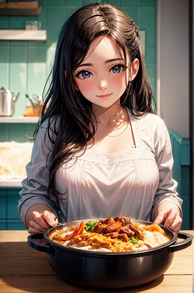 primer plano, un retrato familiar, hermosa mujer feliz, cocina en el fondo