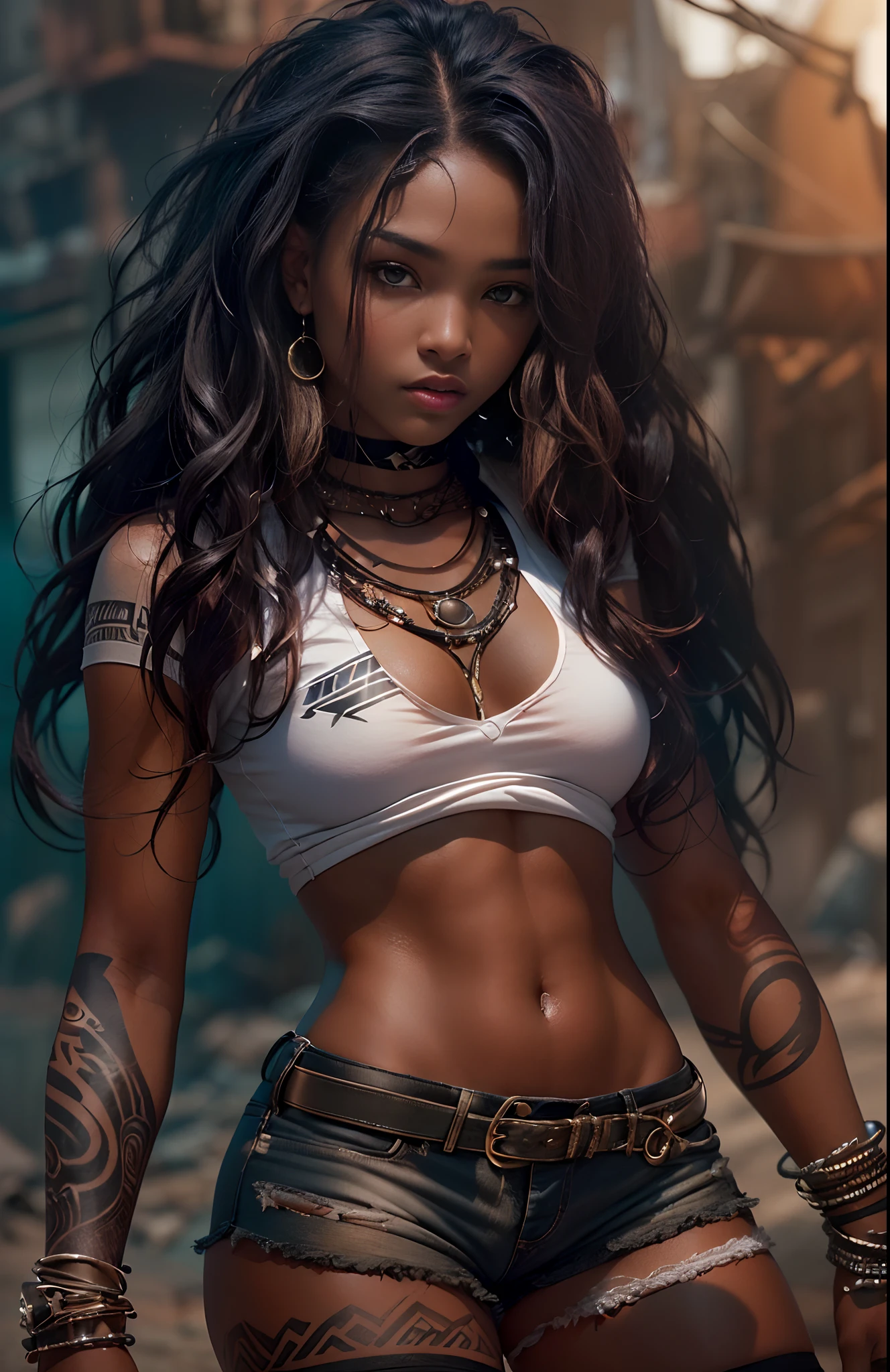 ((21-year-old))) black girl, (((light skin))),  (((close-up full body pose))),  (((long wavy black hair))), (((silk thigh highs with skimpy shorts))), (((wearing post-apocalyptic clothing, short sleeve white shirt, unbuttoned half way))), african tribal tattoo sleeve, dark fantasy art, Rich, Deep Colours, (intricate details:0.9), (HDR, hyper-detailing:1.2), (natural skin textures, hyper realisitc, soft light, Sharp),