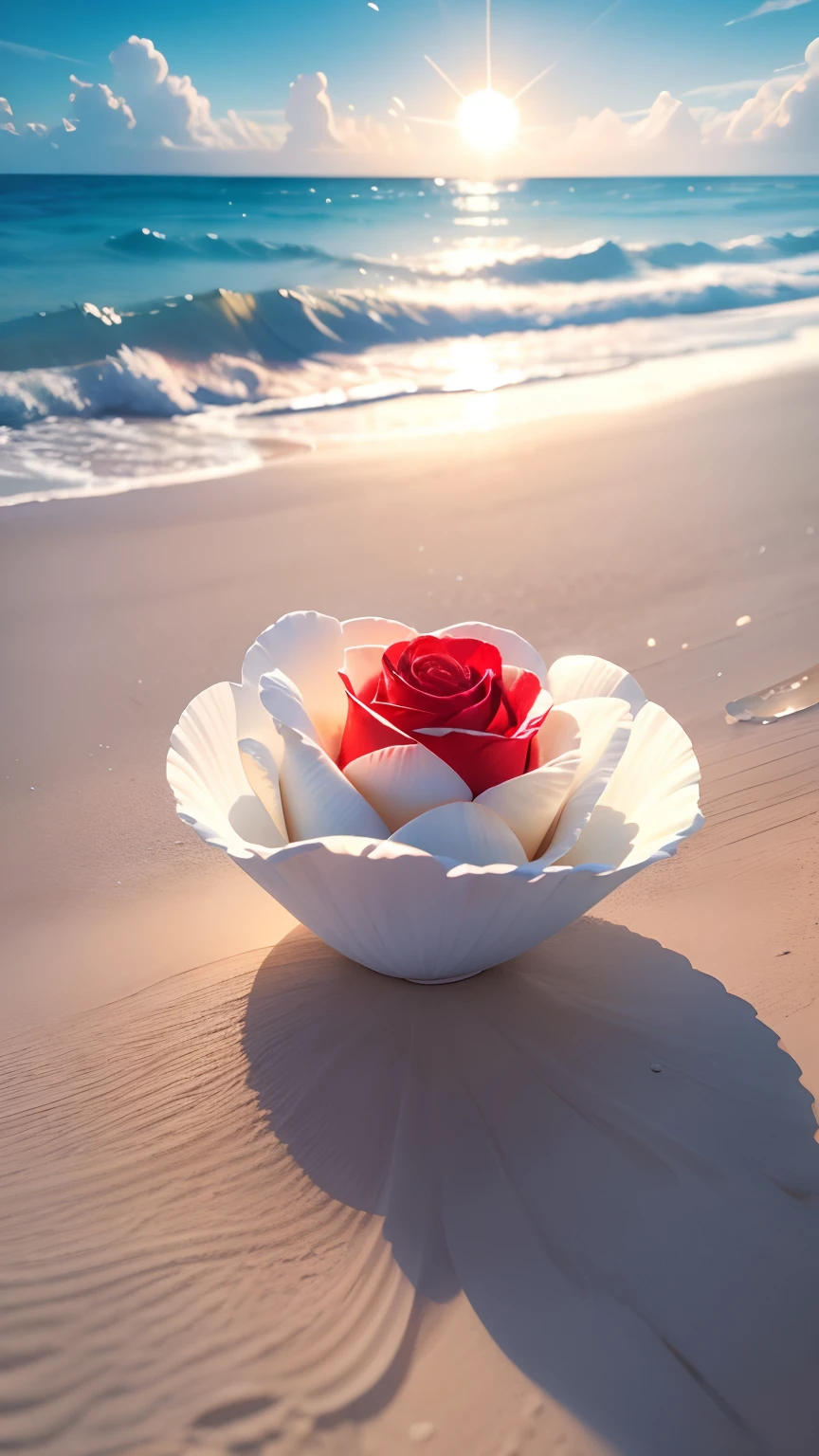 Exquisite scenes,depth of fields,8K,The ivory sky,White clouds,The sun shines on the snow-white sand。The coral sea,There are many small colorful shells on the beach,red rose,Rose flower,sexy beauty
