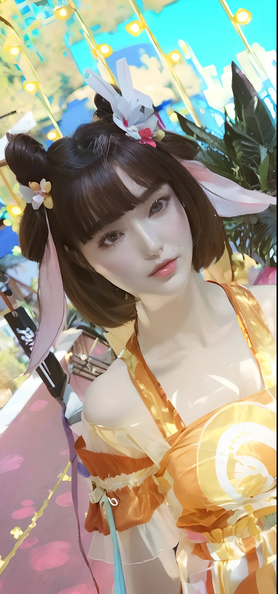 (Best quality, High resolution, Masterpiece :1.3), A tall and pretty woman, Slender figure beauty, Slender abs, Big breasts, (Dark brown short hair), Wearing jean short jumpsuit, Sitting on swing in park, Details exquisitely rendered in the face and skin texture, Detailed eyes, Double eyelid