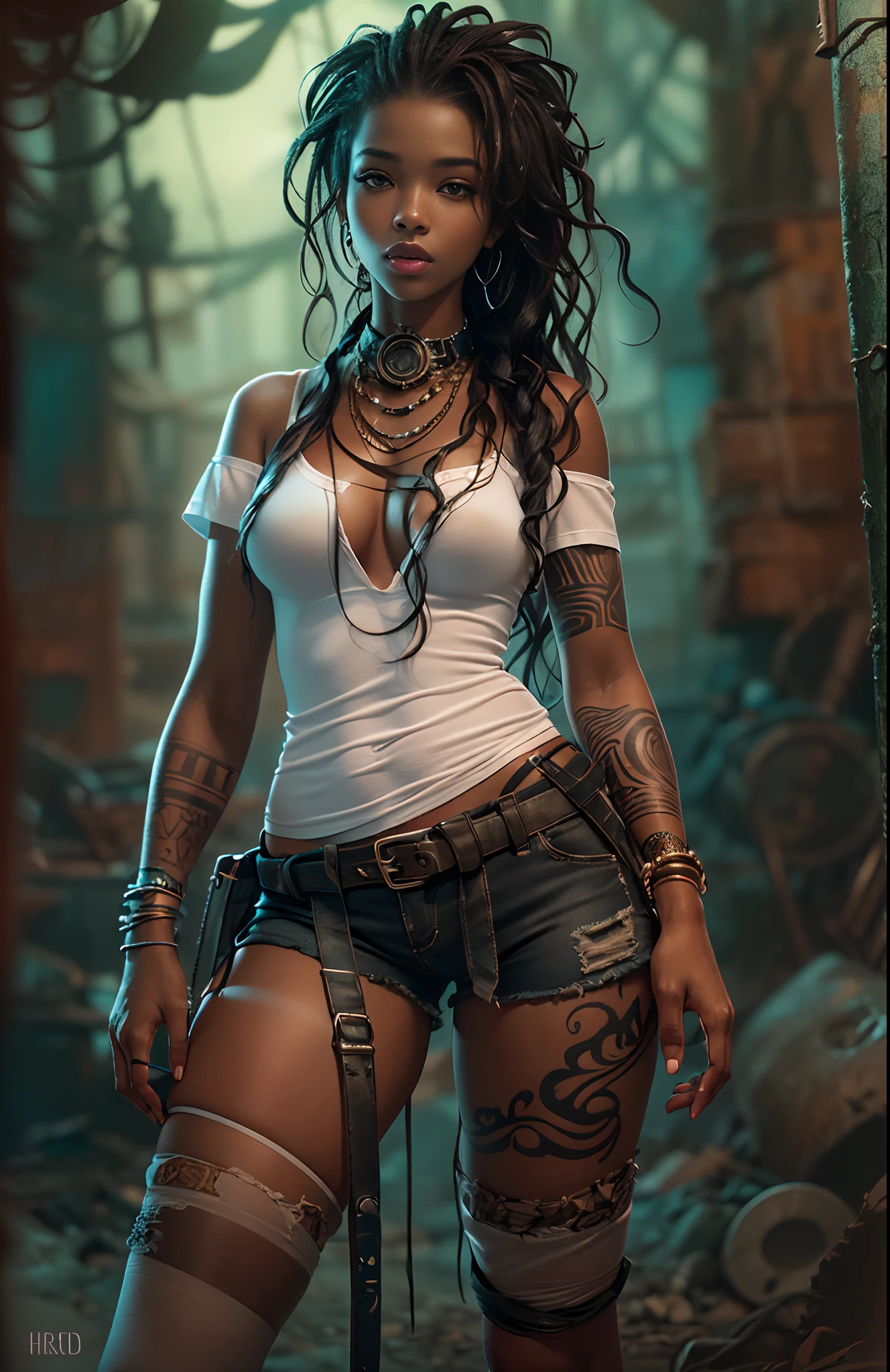 ((21-year-old))) black girl, (((light skin))), (((close-up full body pose))), (((long wavy black hair))), (((silk thigh highs with skimpy shorts))), (((wearing post-apocalyptic clothing, short sleeve white shirt, unbuttoned half way))), african tribal tattoo sleeve, dark fantasy art, Rich, Deep Colours, (intricate details:0.9), (HDR, hyper-detailing:1.2), (natural skin textures, hyper realisitc, soft light, Sharp),