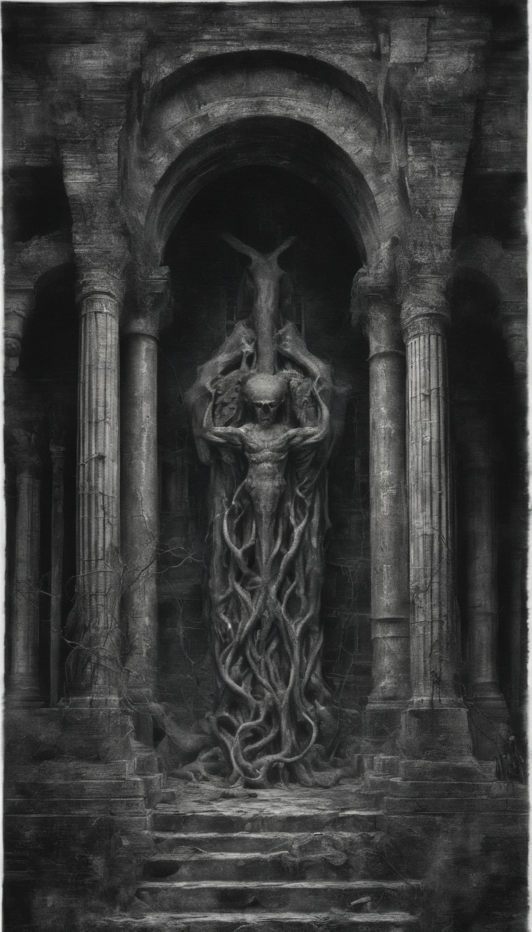 (Best quality,4K,8K,A high resolution,Masterpiece:1.2),Ultra-detailed,(Realistic,Photorealistic,photo-realistic:1.37),Horror,mito,h.p. Lovecraft,vintagestyle,Ominous color,Dark atmosphere,Detailed sculptures,Ancient ruins,Surreal,Eldridge Bio,Intense lighting,abyssal,horrid,cosmic horror,Cultists of worship,Distorted reality,Ominous light,Lost city,Lovecraftian evil,Terrible gods,Grotesque statues,Pulsating tentacles,Eldridge abomination,Ancient Civilizations,Worship rituals,Suspenseful atmosphere,Ominous Shadows,Otherworldly dimensions,Forbidden knowledge,Impenetrable darkness,creepy art,mystic symbols,Horrible nightmares,Latent terror,Admirers in trance,Crazy state,Nightmarish visions