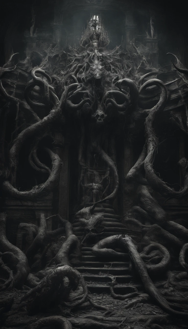 (Best quality,4K,8K,A high resolution,Masterpiece:1.2),Ultra-detailed,(Realistic,Photorealistic,photo-realistic:1.37),Horror,mito,h.p. Lovecraft,vintagestyle,Ominous color,Dark atmosphere,Detailed sculptures,Ancient ruins,Surreal,Eldridge Bio,Intense lighting,abyssal,horrid,cosmic horror,Cultists of worship,Distorted reality,Ominous light,Lost city,Lovecraftian evil,Terrible gods,Grotesque statues,Pulsating tentacles,Eldridge abomination,Ancient Civilizations,Worship rituals,Suspenseful atmosphere,Ominous Shadows,Otherworldly dimensions,Forbidden knowledge,Impenetrable darkness,creepy art,mystic symbols,Horrible nightmares,Latent terror,Admirers in trance,Crazy state,Nightmarish visions