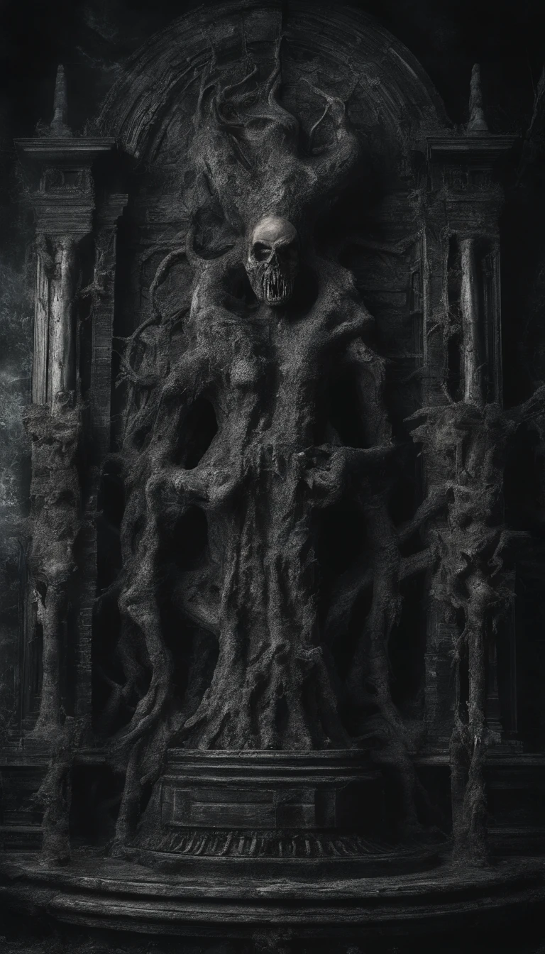 (Best quality,4K,8K,A high resolution,Masterpiece:1.2),Ultra-detailed,(Realistic,Photorealistic,photo-realistic:1.37),Horror,mito,h.p. Lovecraft,vintagestyle,Ominous color,Dark atmosphere,Detailed sculptures,Ancient ruins,Surreal,Eldridge Bio,Intense lighting,abyssal,horrid,cosmic horror,Cultists of worship,Distorted reality,Ominous light,Lost city,Lovecraftian evil,Terrible gods,Grotesque statues,Pulsating tentacles,Eldridge abomination,Ancient Civilizations,Worship rituals,Suspenseful atmosphere,Ominous Shadows,Otherworldly dimensions,Forbidden knowledge,Impenetrable darkness,creepy art,mystic symbols,Horrible nightmares,Latent terror,Admirers in trance,Crazy state,Nightmarish visions