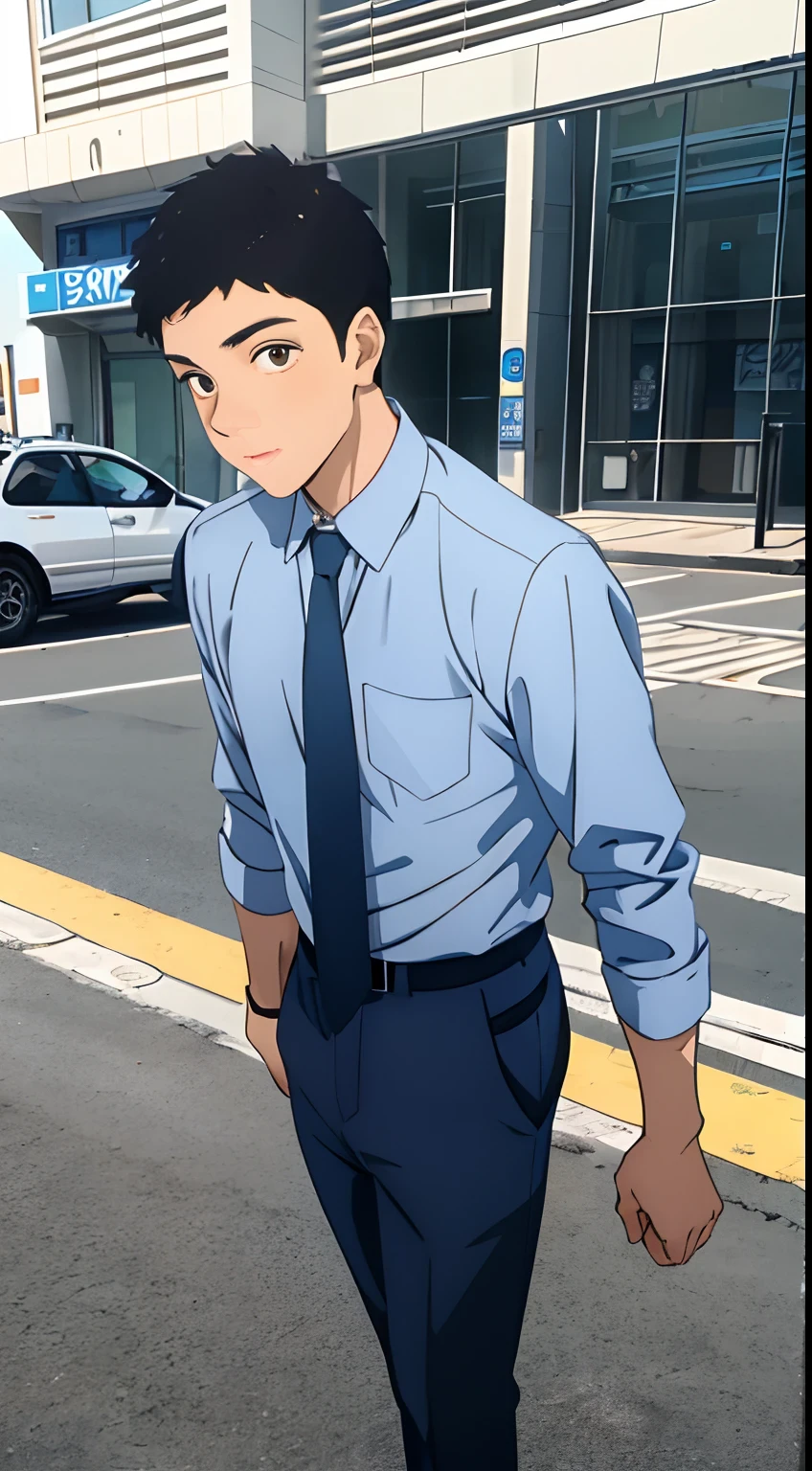 schoolboy，standing on your feet，Look ahead，speak，ssmile，Pout，with brown eye，with short black hair，blue-shirt，longer sleeves，black long pants，Dark blue tie，looking at viewert