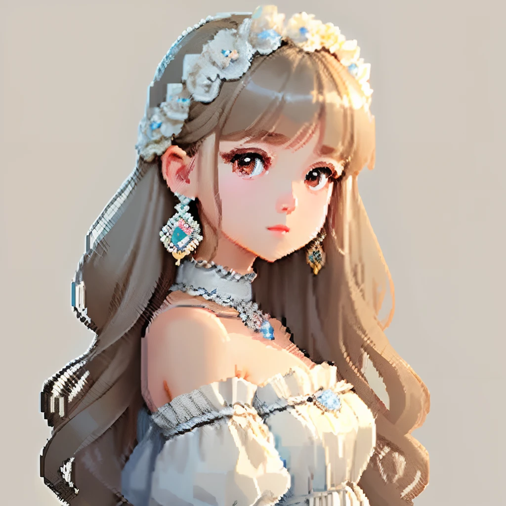 I was wearing an antique dress,large earring、Clothing consisting of pale blue color, Brown and beige、Girl with dull grey long S-shaped curls、Look back and look at this.、Pixel art、Pixel Art Illustration、pixels、Plain background、Upper body、For icons、pixels_Art Book,Composition centered on the face、Katyusha、pixels、Game-style illustration、Pixel art、pixels、without background、The background is one color beige、pixels、Big hair ornament、graceful dress、Loose fluffy、White background、、simple background、A girl about 16 years old、Beautiful eyes like jewels、pixels、pixels、pixels、Pixel art