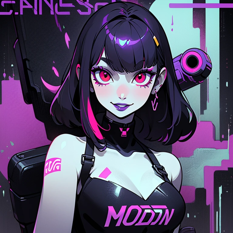 ((solo)). female character around 30 years old. mature body without many special attributes. wearing black clothing, a cyberpunk style outfit. she has a cheeky smile. red eyes. long purple hair with straight bangs. She wears eyeliner and black lipstick on her lips. she looks a model on a magazine cover. a combined neon and greyscale color style