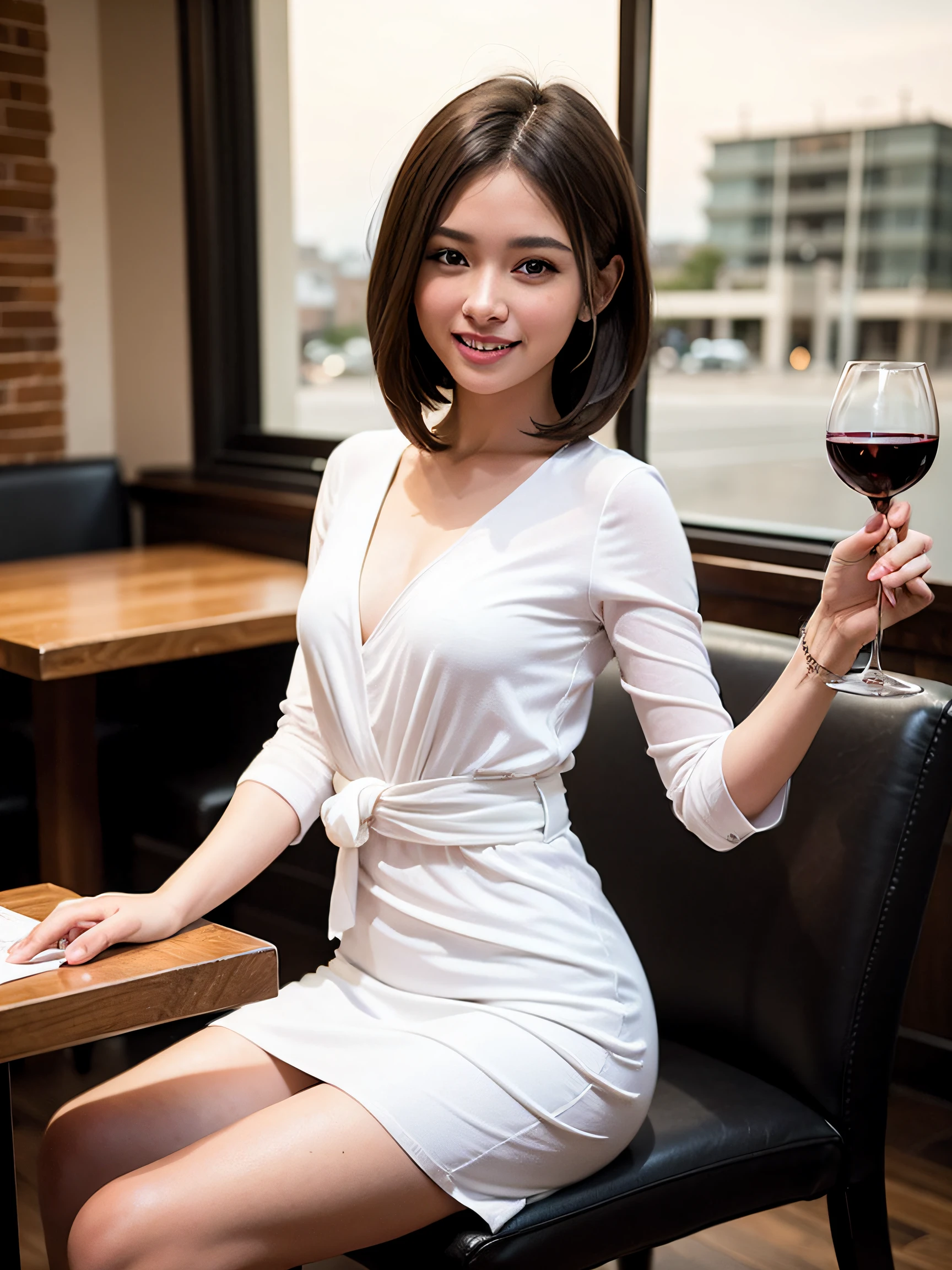 (64K、UHD、top-quality、​masterpiece:1.2)、(realisitic、Photorealsitic:1.37)、Beautuful Women、Woman with good posture、japanes、Italian women、French women、Beautiful woman with a nice smile、Pretty women、(Slim Faces)、(Slim body)、（brawn hair）、(short-cut)、Long sleeve dresses、suits、Half Beauty、Longhaire、Wine Party、(45 yers old)、48yo、Wine lover、Enjoying a glass of wine、Beautiful detailed urban night view outside the window、resturant、Have a wine glass、Italian cuisine on the table、(from waist up)、Beautuful Women、Beauty Witch、date、(a smile:1.15)、Beautiful fine eyes、Sitting on a chair、natta、(short-hair:1.2)、Float NovaFrogStyle、女優、modeled、from waist up、wine bottle、white wine、Slimed、wine glasses、red wine、Happy smile、Super blissful