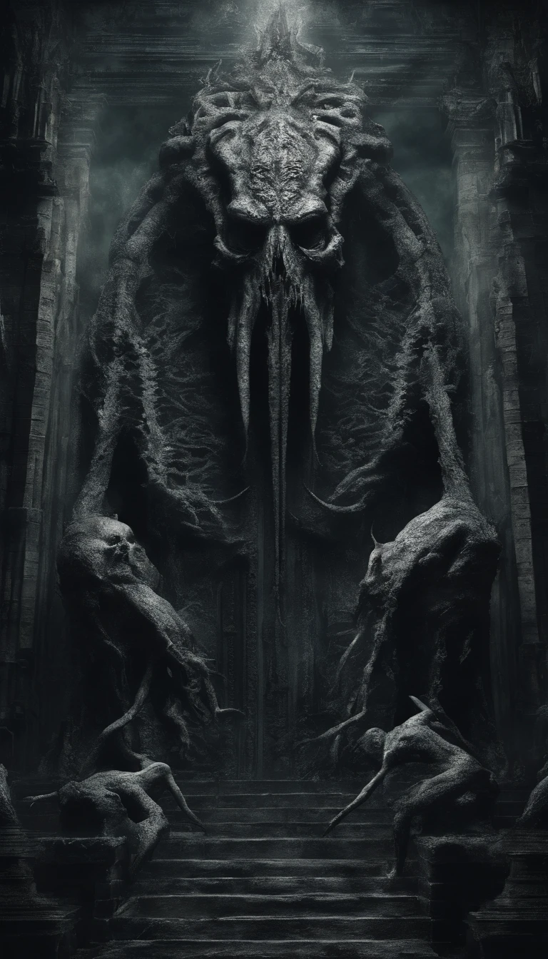 (Best quality,4K,8K,A high resolution,Masterpiece:1.2),Ultra-detailed,(Realistic,Photorealistic,photo-realistic:1.37),Horror,mito,h.p. Lovecraft,vintagestyle,Ominous color,Dark atmosphere,Detailed sculptures,Ancient ruins,Surreal,Eldridge Bio,Intense lighting,abyssal,horrid,cosmic horror,Cultists of worship,Distorted reality,Ominous light,Lost city,Lovecraftian evil,Terrible gods,Grotesque statues,Pulsating tentacles,Eldridge abomination,Ancient Civilizations,Worship rituals,Suspenseful atmosphere,Ominous Shadows,Otherworldly dimensions,Forbidden knowledge,Impenetrable darkness,creepy art,mystic symbols,Horrible nightmares,Latent terror,Admirers in trance,Crazy state,Nightmarish visions