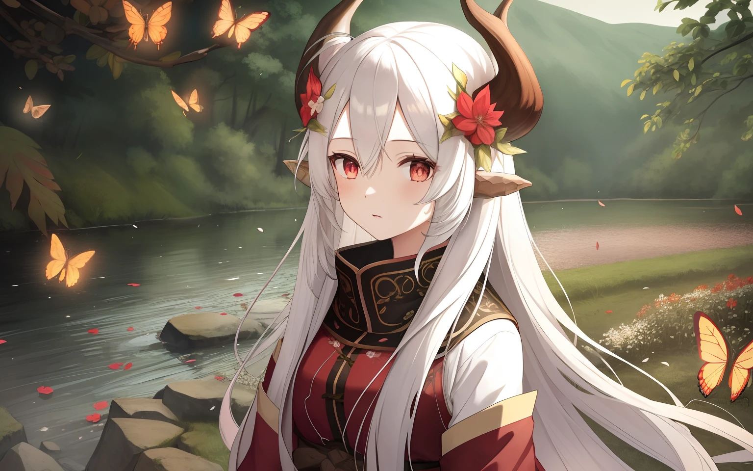 field, 1girl, White_Hair, Long_Hair, Red_eyes, very_Long_Hair, Horns, woods, rocks, 独奏, 独奏_focus, night time, Butterflies, Flowers, leaves, Highly detailed, Detailed background, Lake, petals