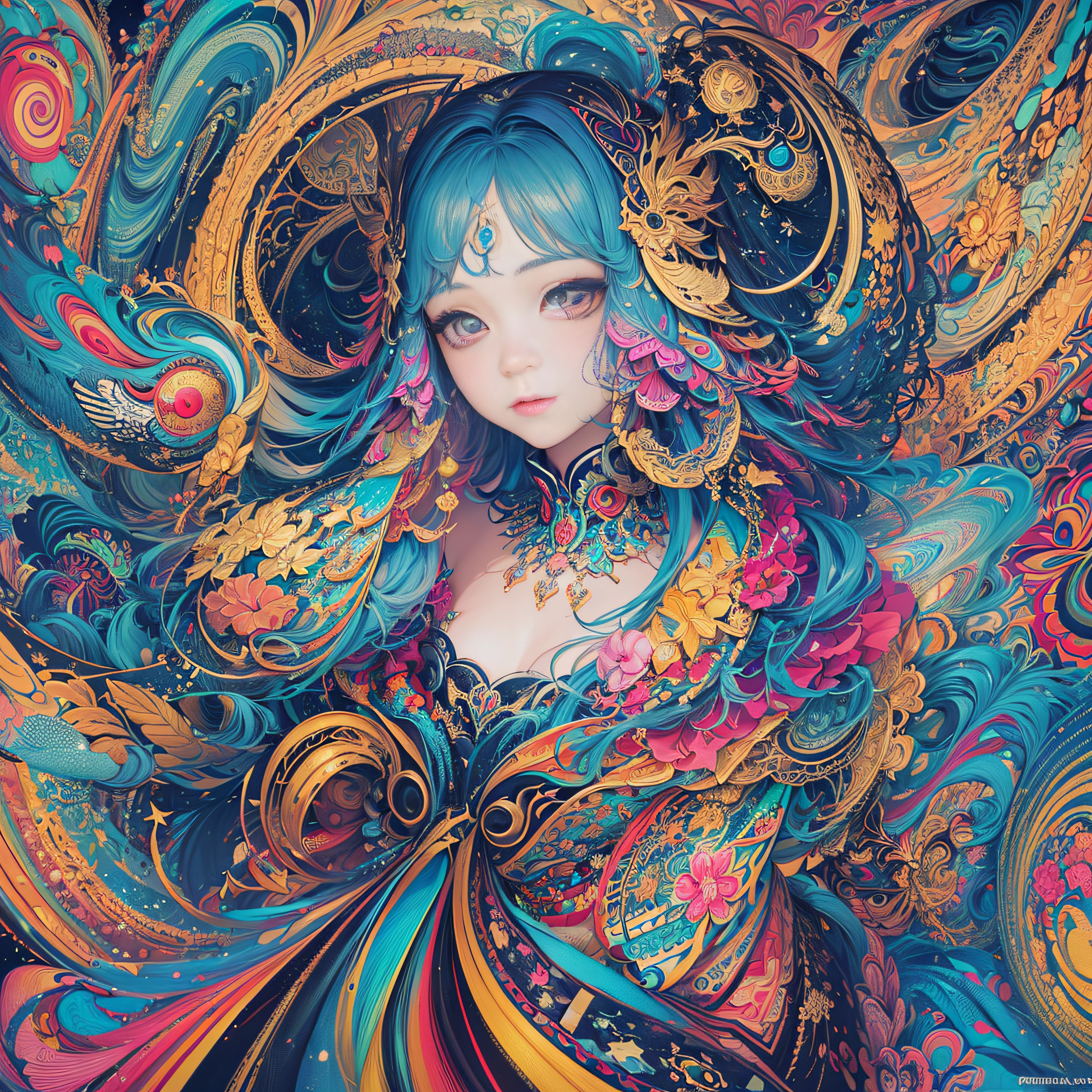 (masterpiece、top-quality、top-quality、Official art、Beautifully Aesthetic:1.2)、Highly detailed fractal art、(colourfull:1.5)、highest details、Zentangle、a closeup、 (1girl in:1.5), 独奏, (dynamicposes), (Abstract background:1.5), (shinny skin),