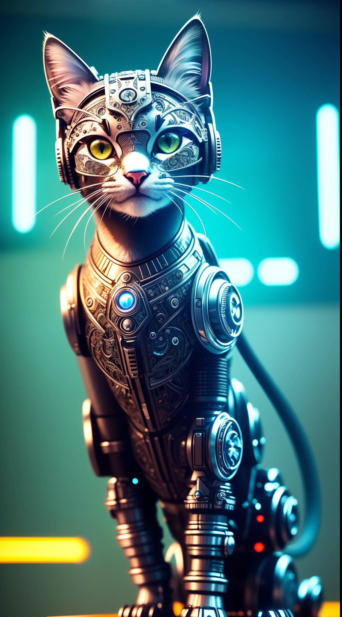 a cute kitten made out of metal, Cyborg, Cyberpunk Style, ((Intricate details)), hdr, ((Intricate details, ultra - detailed)), cinema shot, Vignette