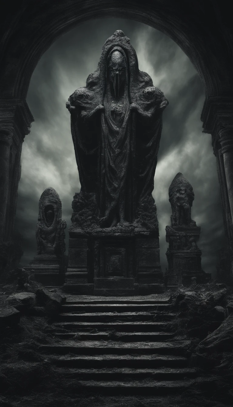 (Best quality,4K,8K,A high resolution,Masterpiece:1.2),Ultra-detailed,(Realistic,Photorealistic,photo-realistic:1.37),Horror,mito,h.p. Lovecraft,vintagestyle,Ominous color,Dark atmosphere,Detailed sculptures,Ancient ruins,Surreal,Eldridge Bio,Intense lighting,abyssal,horrid,cosmic horror,Cultists of worship,Distorted reality,Ominous light,Lost city,Lovecraftian evil,Terrible gods,Grotesque statues,Pulsating tentacles,Eldridge abomination,Ancient Civilizations,Worship rituals,Suspenseful atmosphere,Ominous Shadows,Otherworldly dimensions,Forbidden knowledge,Impenetrable darkness,creepy art,mystic symbols,Horrible nightmares,Latent terror,Admirers in trance,Crazy state,Nightmarish visions