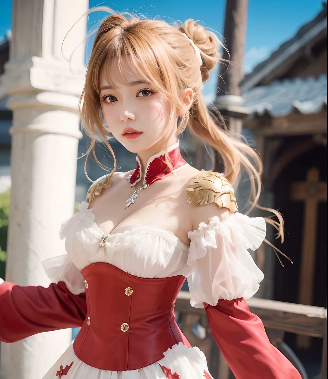 anime - style woman in a red and white dress with a ponytail, close up bust shot, yoshitakka amano karol bak, artoria pendragon, rin, ayaka genshin impact, cinematic bust shot, ayaka game genshin impact, anime goddess, closeup shot, violet evergarden, close up high detailed, anime highly detailed