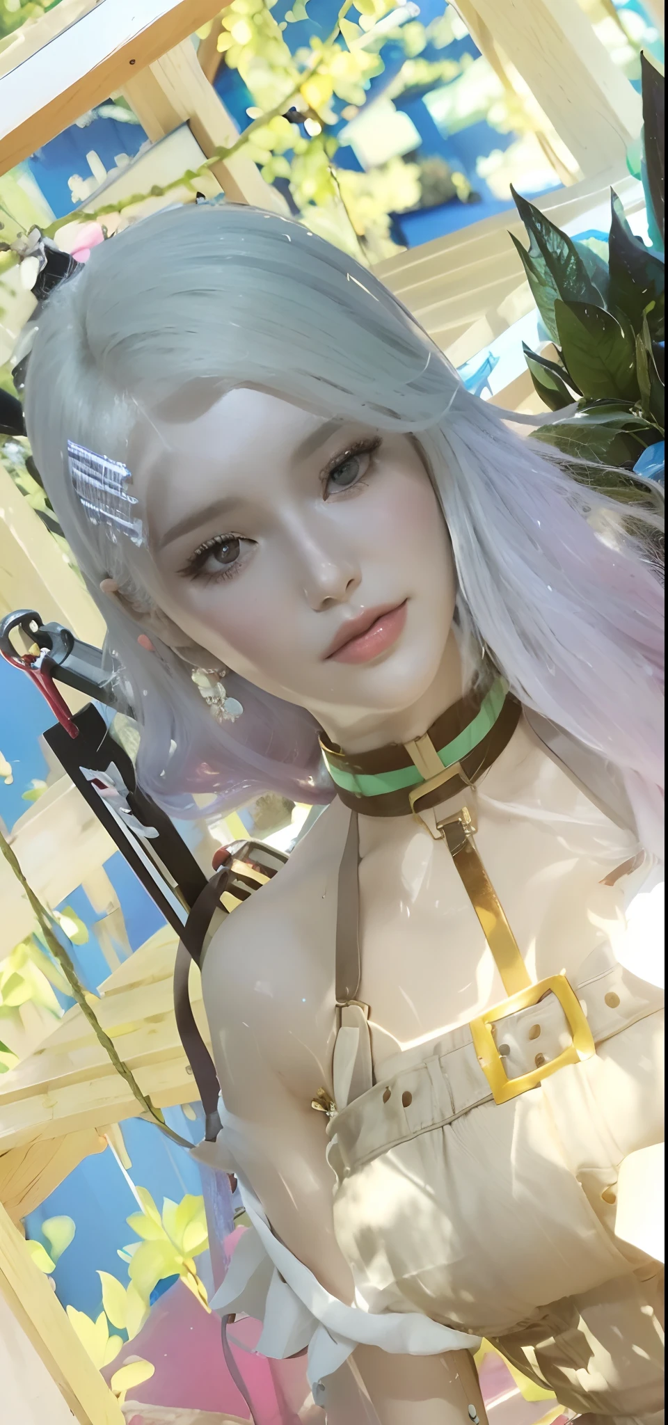 (Best quality, High resolution, Masterpiece :1.3), A tall and pretty woman, Slender figure beauty, Slender abs, Big breasts, (Dark brown short hair), Wearing jean short jumpsuit, Sitting on swing in park, Details exquisitely rendered in the face and skin texture, Detailed eyes, Double eyelid