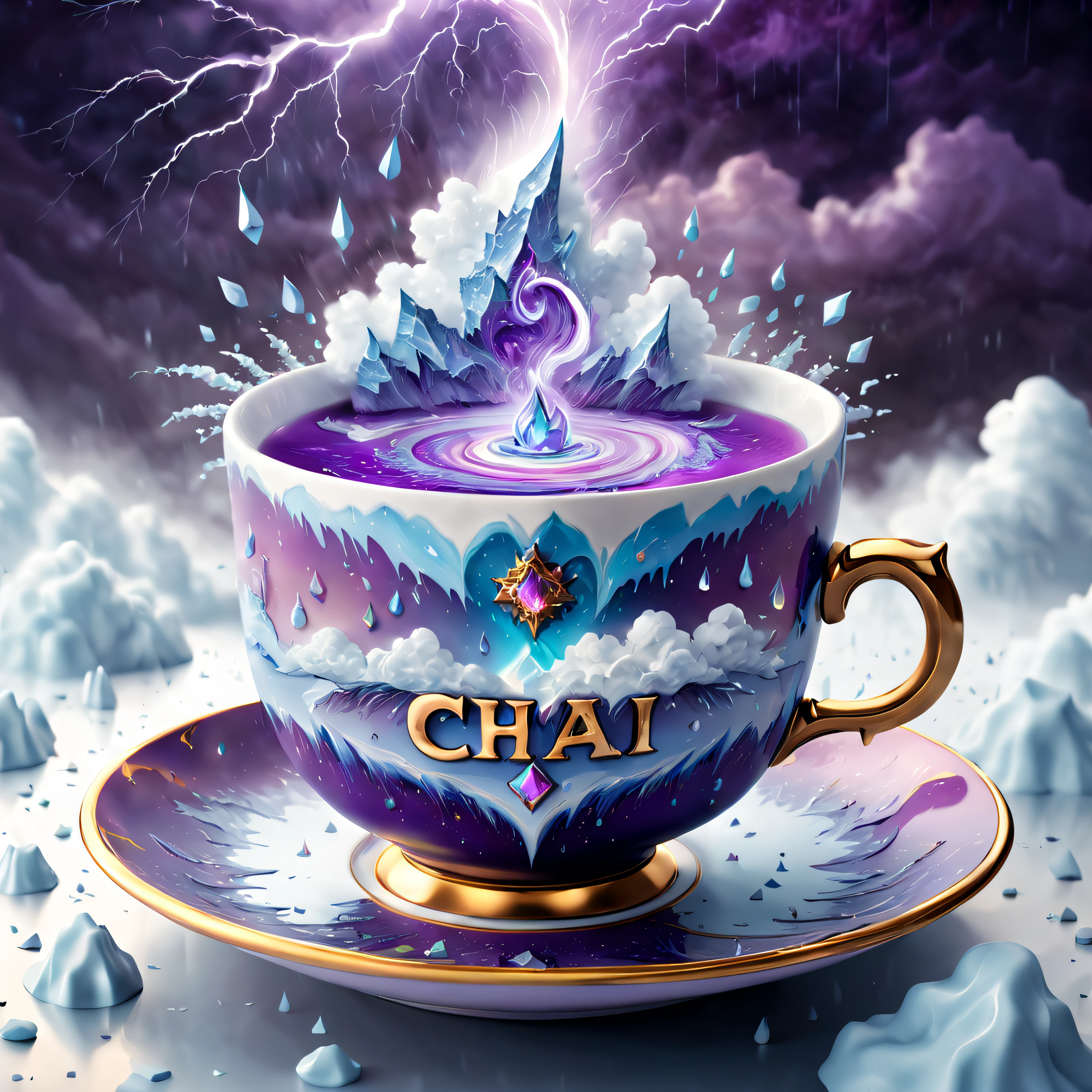 3d animated masterpiece, Indian purple silver chrome crystal mystical detailed weather tea , control the weather, cloud design on ultra detailed hot teacup with text saying " CHAI " , ultra detailed background , cute witchcraft , ultra realistic Textures, detailed weather effects, volumetric steam, weather symbols on the teacup, ultra realistic , ultra realistic detailed reflections, fluid Splash style, correct text, crystal, complex Details, beautiful abstract art style , signature , thunder , sunny, rain, clods, teacup collection,