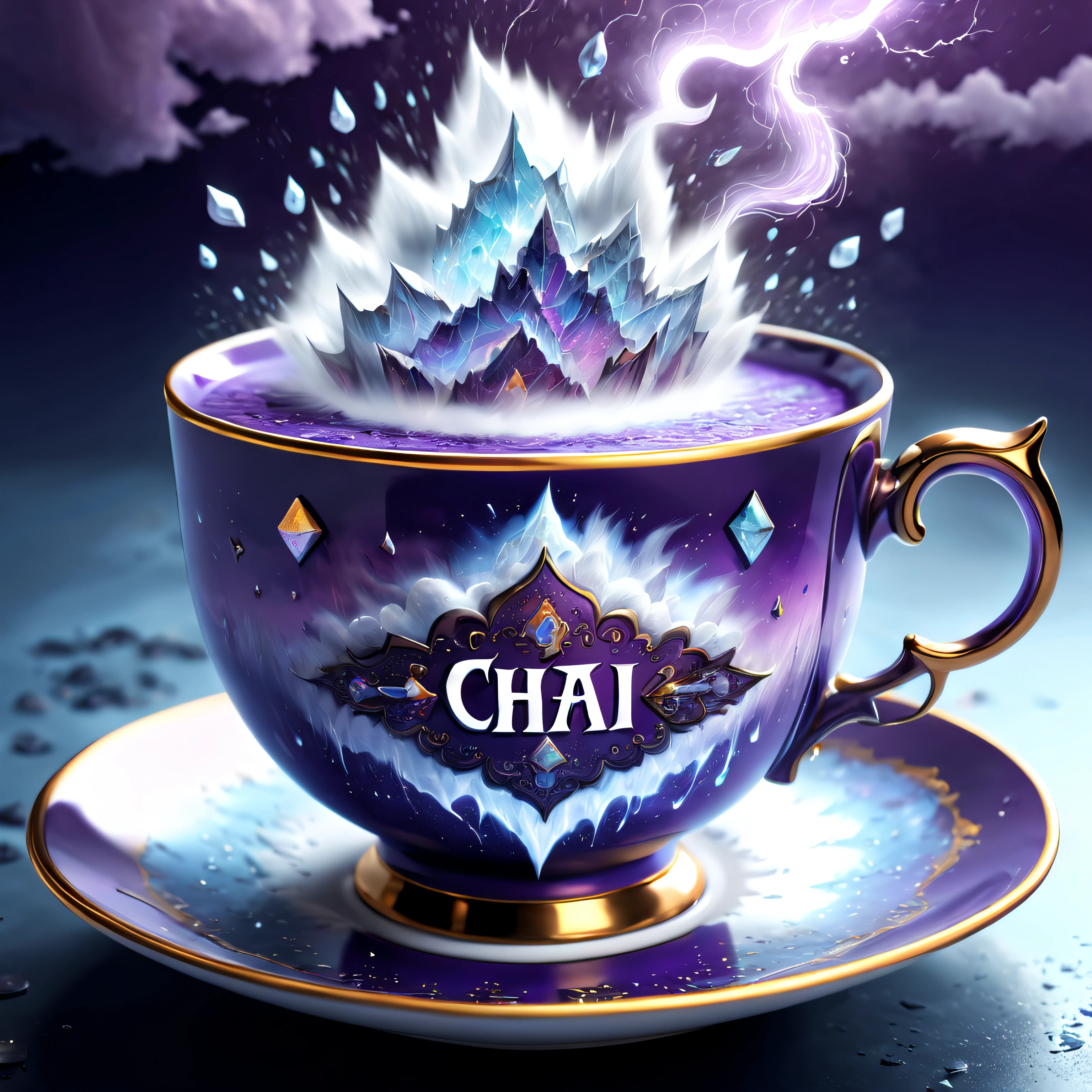 3d animated masterpiece, Indian purple silver chrome crystal mystical detailed weather tea , control the weather, cloud design on ultra detailed hot teacup with text saying " CHAI " , ultra detailed background , cute witchcraft , ultra realistic Textures, detailed weather effects, volumetric steam, weather symbols on the teacup, ultra realistic , ultra realistic detailed reflections, fluid Splash style, correct text, crystal, complex Details, beautiful abstract art style , signature , thunder , sunny, rain, clods, teacup collection,