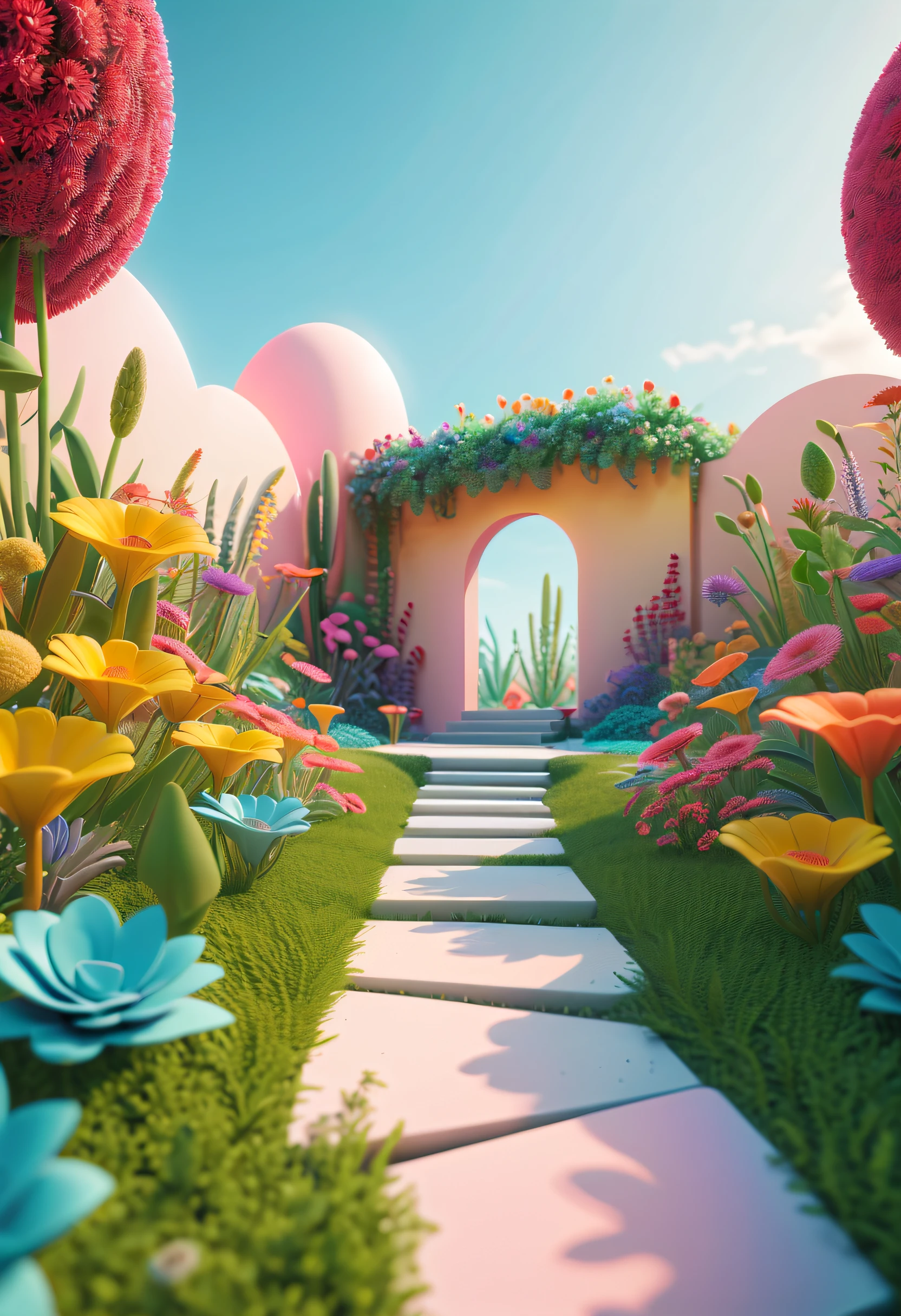 Surrealist scene, outdoor ground, clean simple spacious background, bright light, low saturation, dopamine colors, a little colorful diffuse gradient and natural elements such as flowers and plants, using creative and imaginative visual elements to add interest and depth to the scene, C4D, octane rendering, HD8K