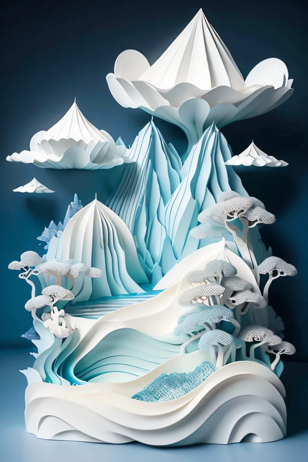 A huge paper milk tea cup，Surrounded by 3D Chinese blue and white porcelain style waves，Surreal 3D landscape style，Miniatures，Millk White water，Chinese Landscape Resin Worksheet，Chinese landscape painting of the Song Dynasty，Light white and light blue main colors，Surrealist dream style，Cream organic fluid，Ray-traced ambient occlusion，misterious，Natural soft light，Stony gray tones，Gel resin worksheet，cad, oc rendered，Blue and white porcelain