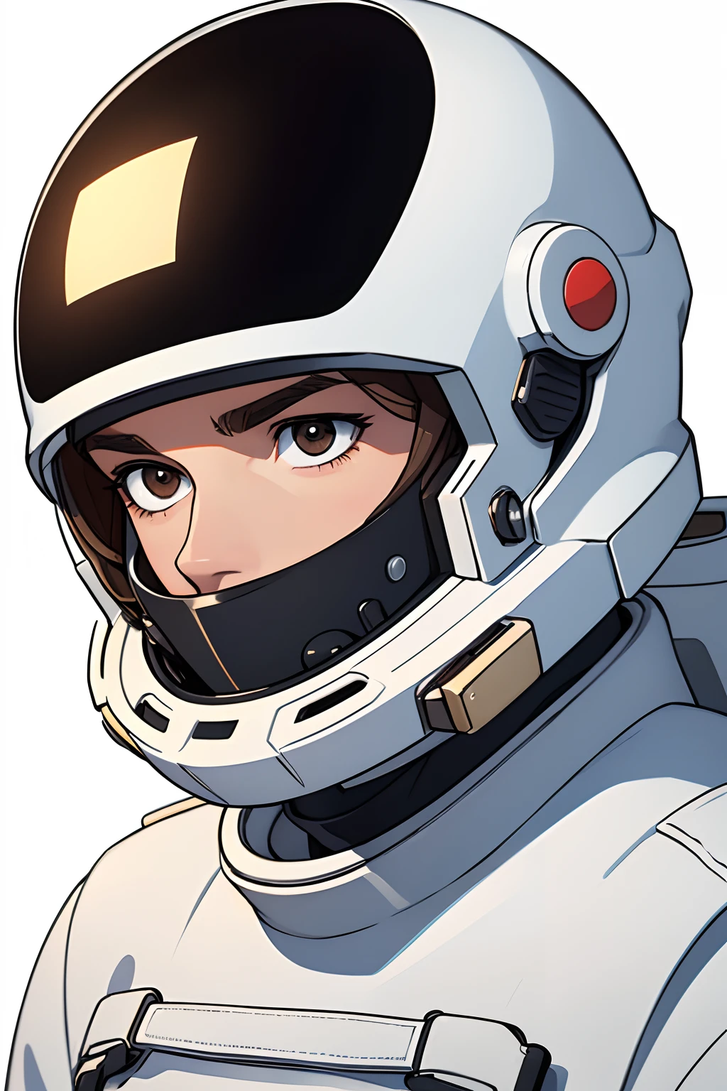 handsome and asethetic, masterpiece, white background, plain background, best quality, drawing of a of a close portrait, man in a retro spacesuit with reflective helmet, covered face. brown eyes