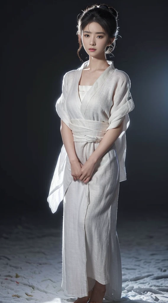 ((Best quality, 8K, Masterpiece :1.3)), Sharp focus:1.2 , Photorealsitic,(Cinematic lighting),Facial detail texture. Eye details. Double eyelids, Slender body. Super small breasts, Sexy collarbone,70-year-old woman, photo-realistic:1.37,Perfect eyes, ((1 old woman in a white yukata)),(white sash),(Ultra-thin fabric),((Ragged linen)),With a petite figure,whaite hair,hair-bun,Qi bangs,Stand in the snow,The barefoot,Hands behind your back,Full body like,short- sleeved,long white robe,folds,((solid color backdrop)),is shy,Be red in the face,Get wet,Traditional Chinese women